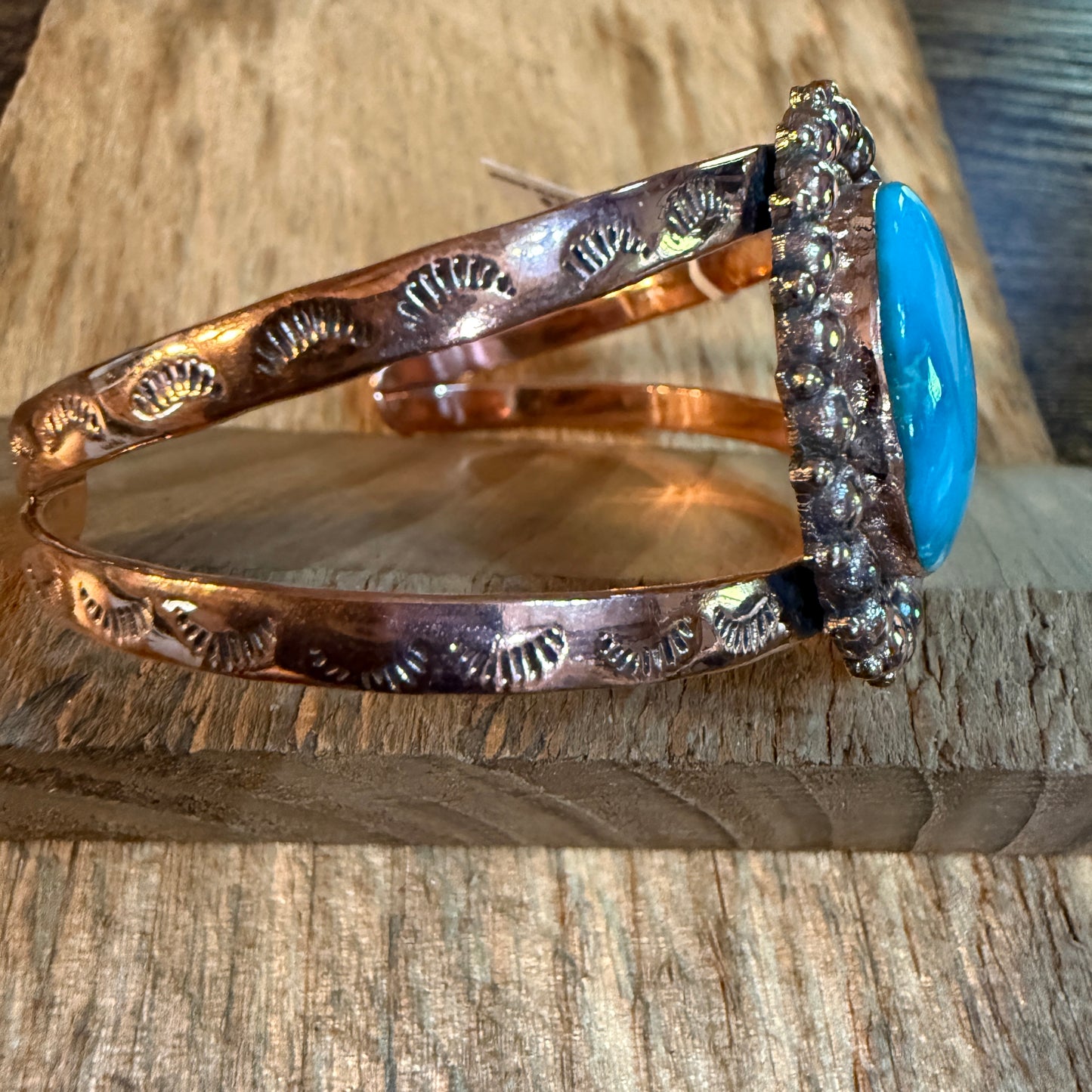Kingman Turquoise Genuine Copper Cuff Flex Bracelet One Inch Stone Adjustable Wild West Boho