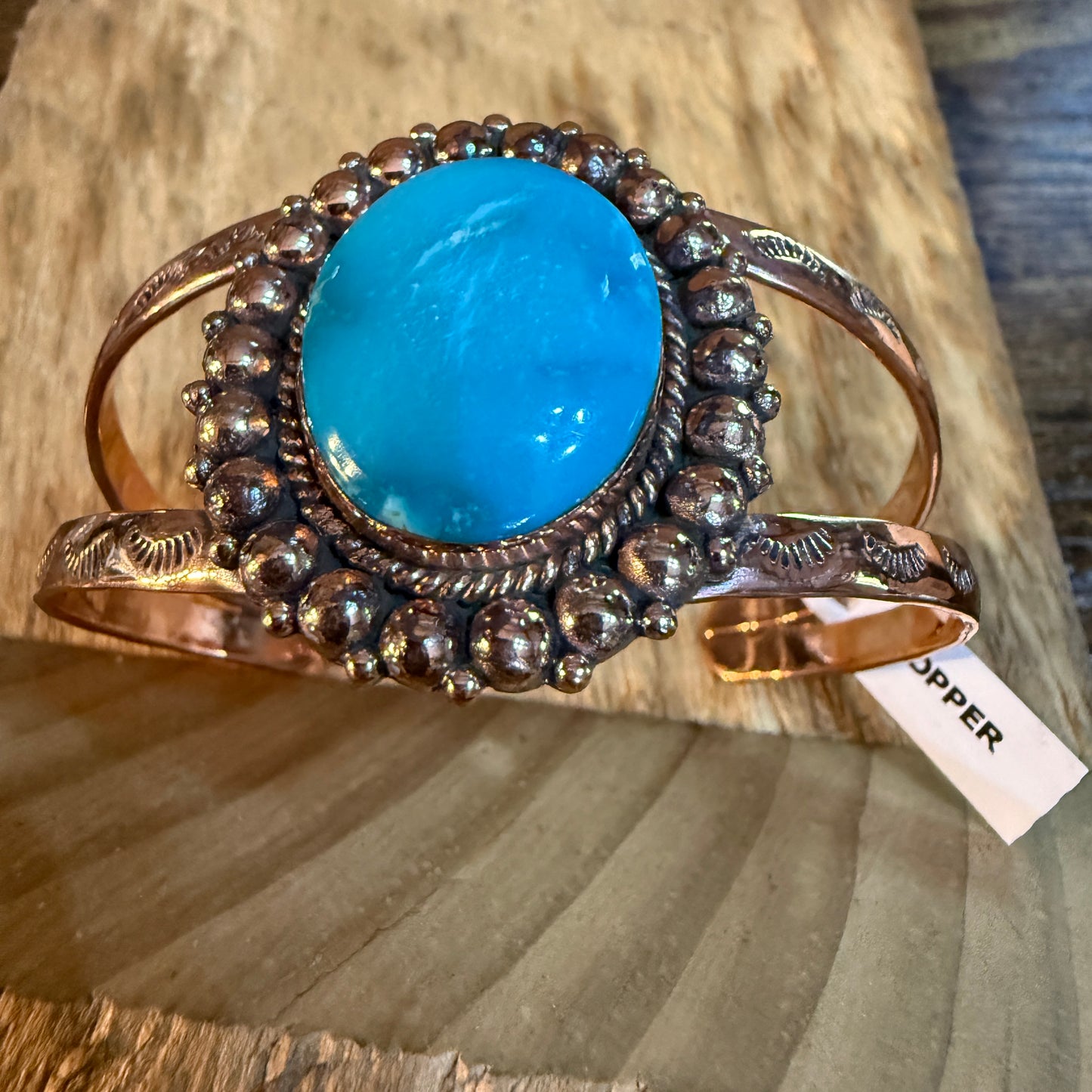 Kingman Turquoise Genuine Copper Cuff Flex Bracelet One Inch Stone Adjustable Wild West Boho