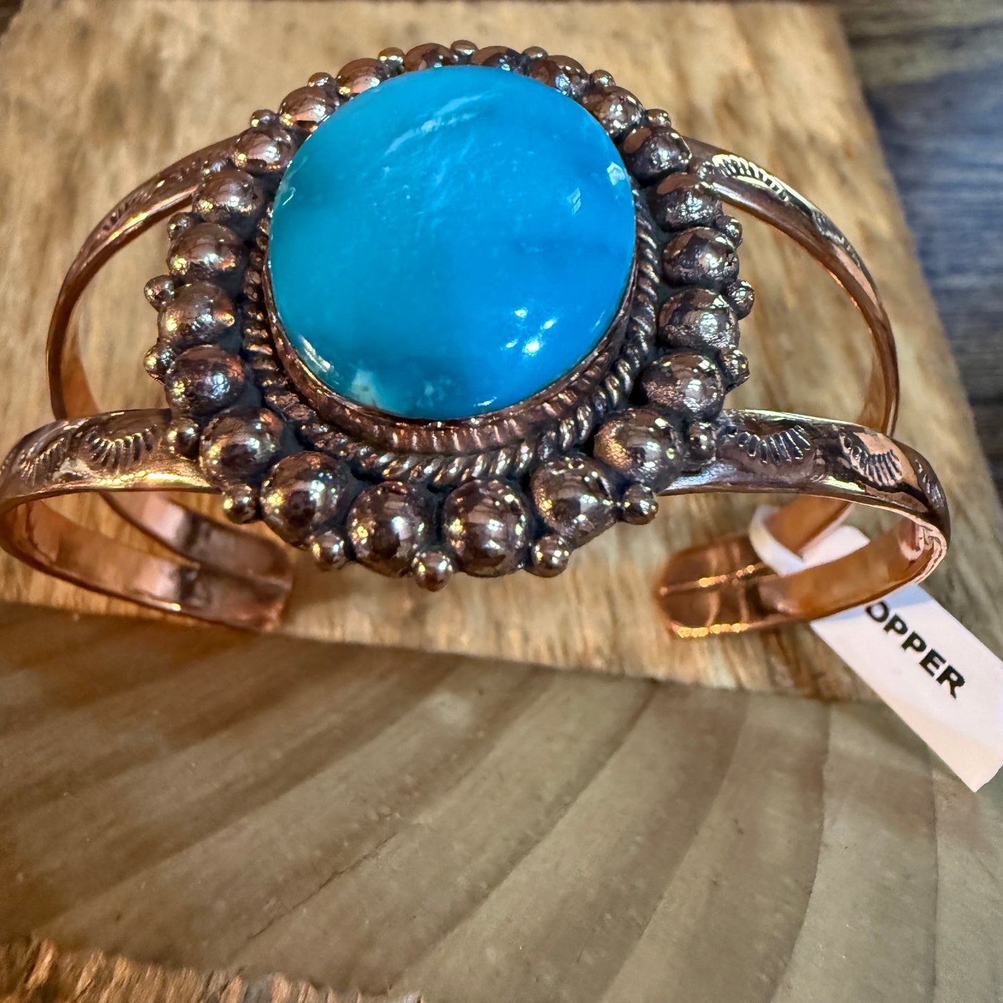 Kingman Turquoise Genuine Copper Cuff Flex Bracelet One Inch Stone Adjustable Wild West Boho