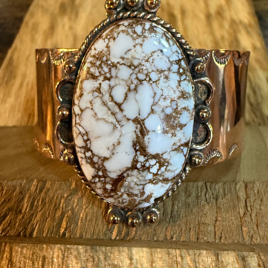 Genuine Copper Wide Cuff Bracelet With Wild Horse Gemstone Wild West Boho