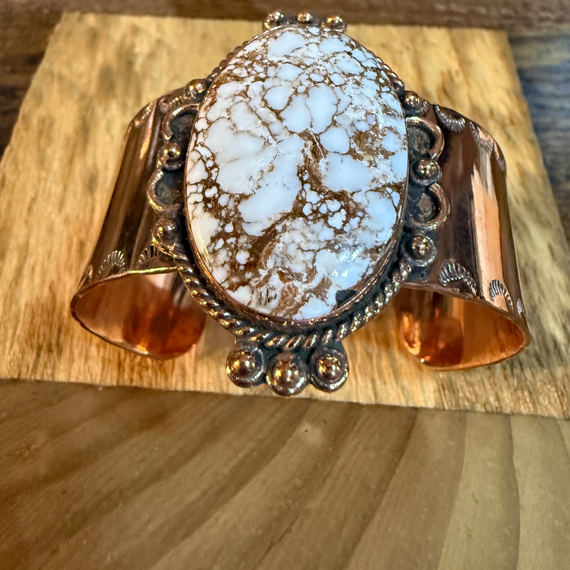 Genuine Copper Wide Cuff Bracelet With Wild Horse Gemstone Wild West Boho