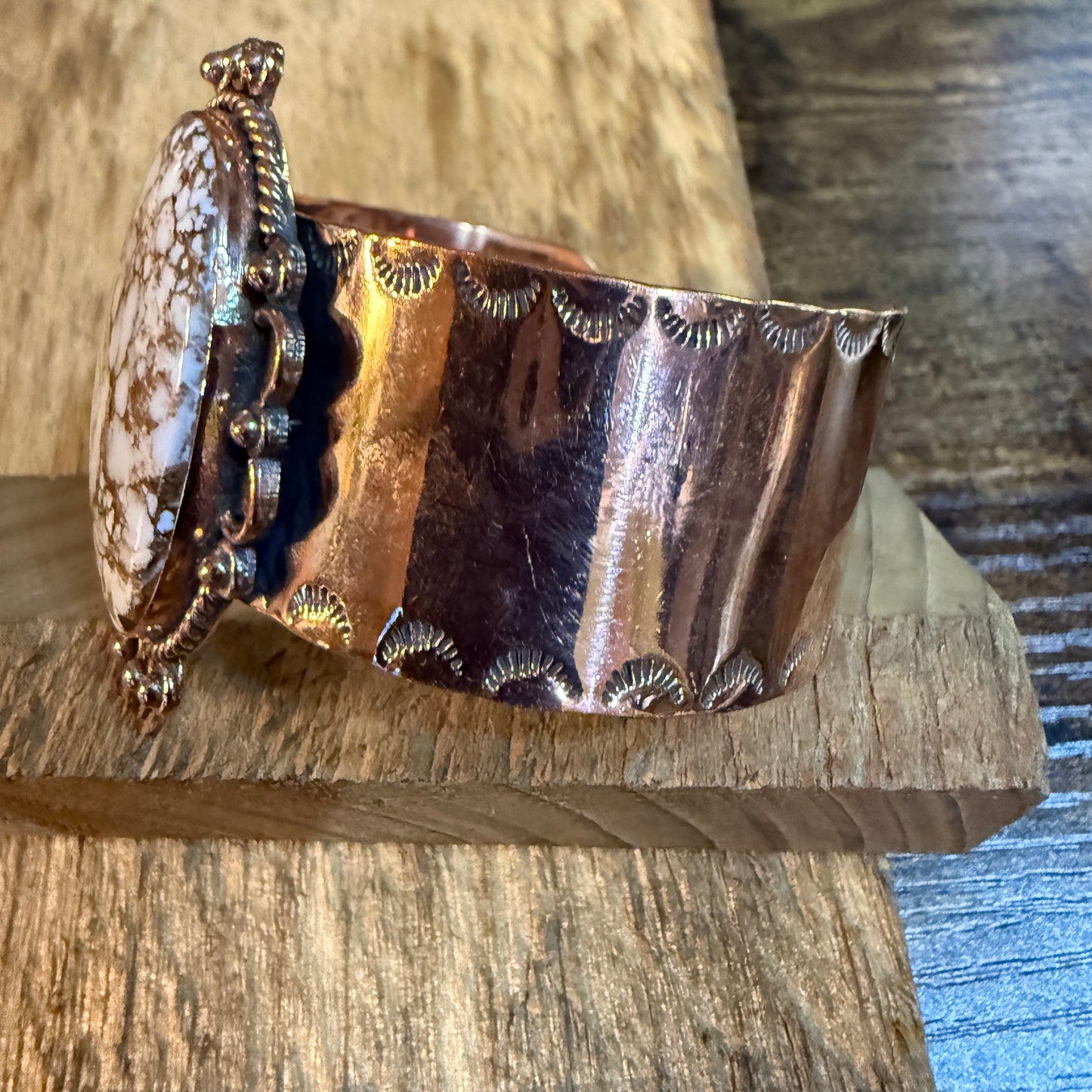 Genuine Copper Wide Cuff Bracelet With Wild Horse Gemstone Wild West Boho