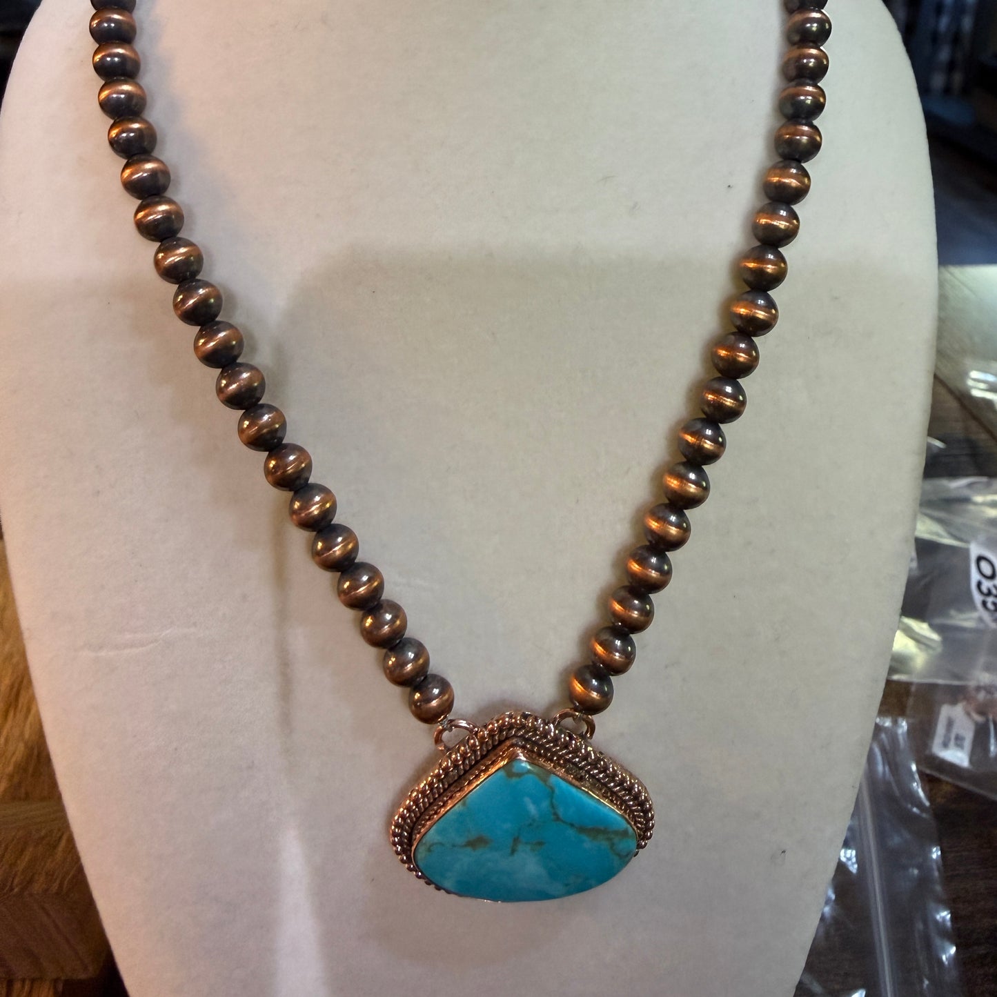 Kingman Turquoise Gemstone Genuine Copper Pearl Bead Necklace 18 Inch Wild West Boho