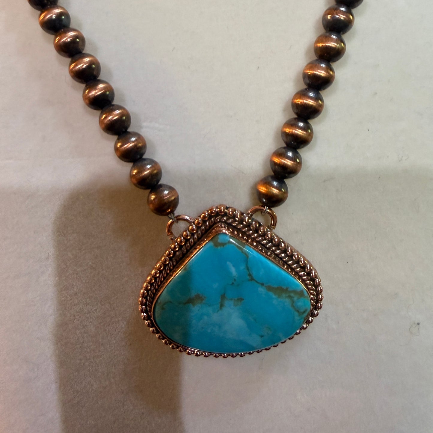 Kingman Turquoise Gemstone Genuine Copper Pearl Bead Necklace 18 Inch Wild West Boho