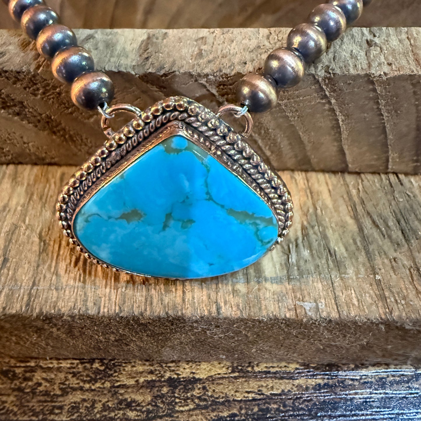 Kingman Turquoise Gemstone Genuine Copper Pearl Bead Necklace 18 Inch Wild West Boho