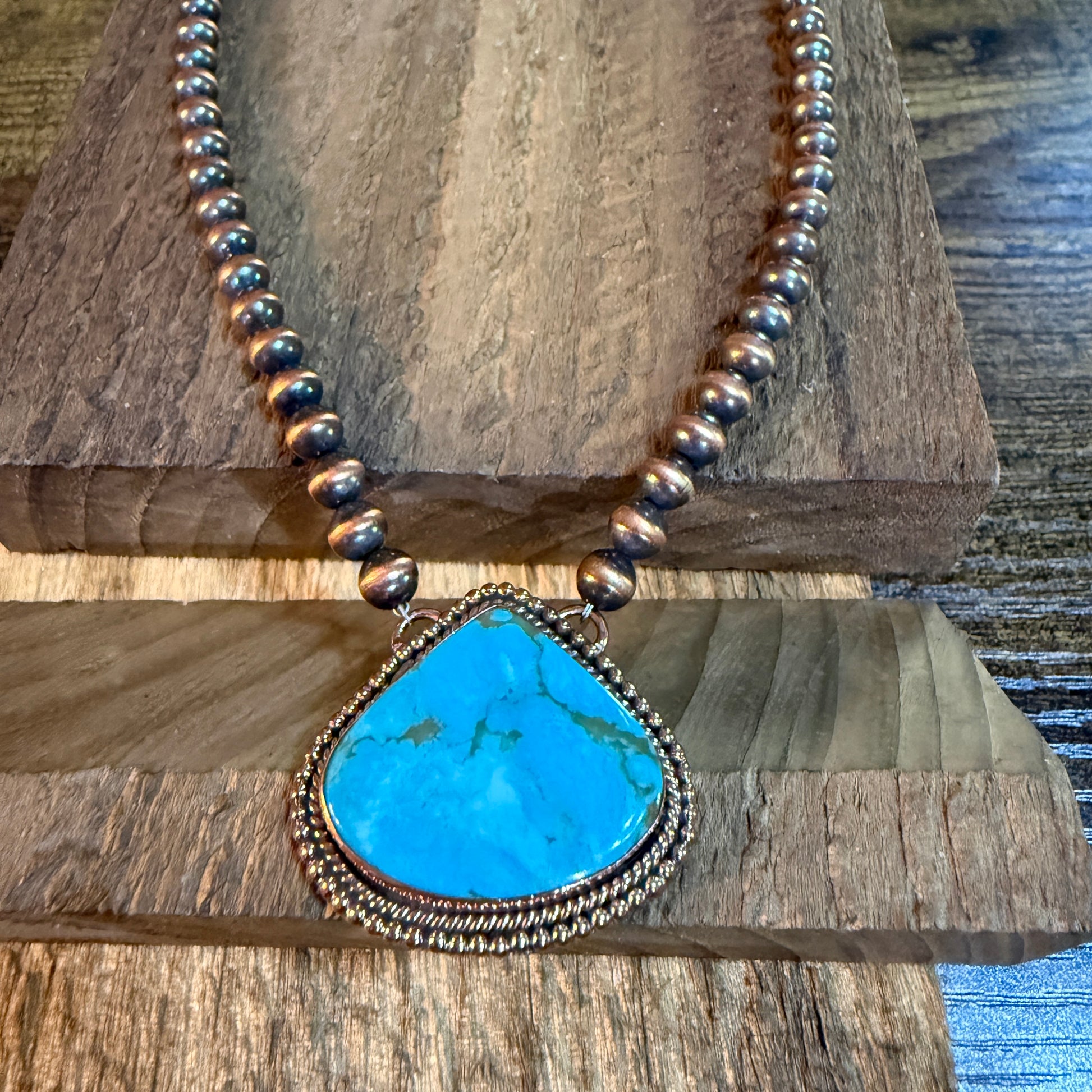 Kingman Turquoise Gemstone Genuine Copper Pearl Bead Necklace 18 Inch Wild West Boho