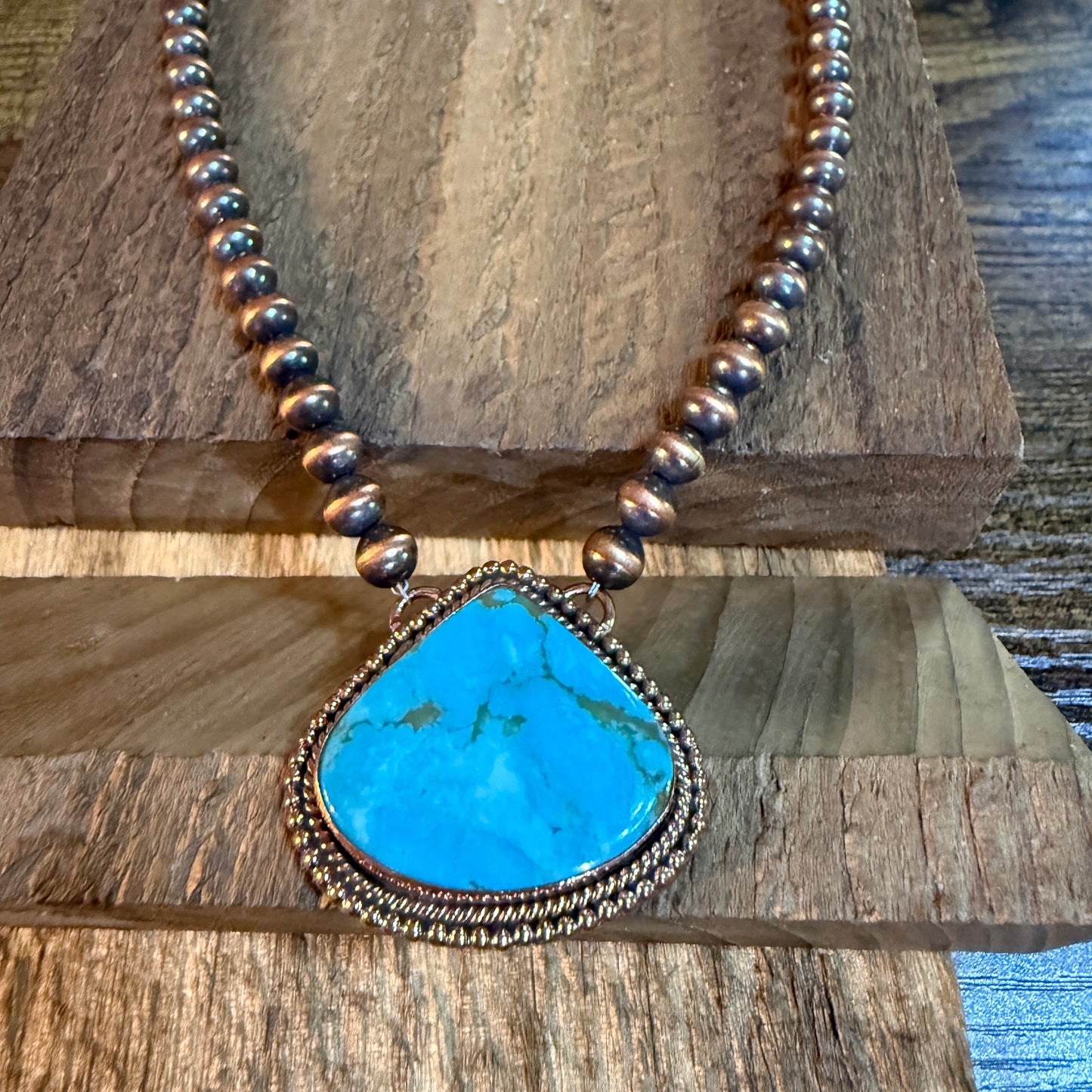 Kingman Turquoise Gemstone Genuine Copper Pearl Bead Necklace 18 Inch Wild West Boho