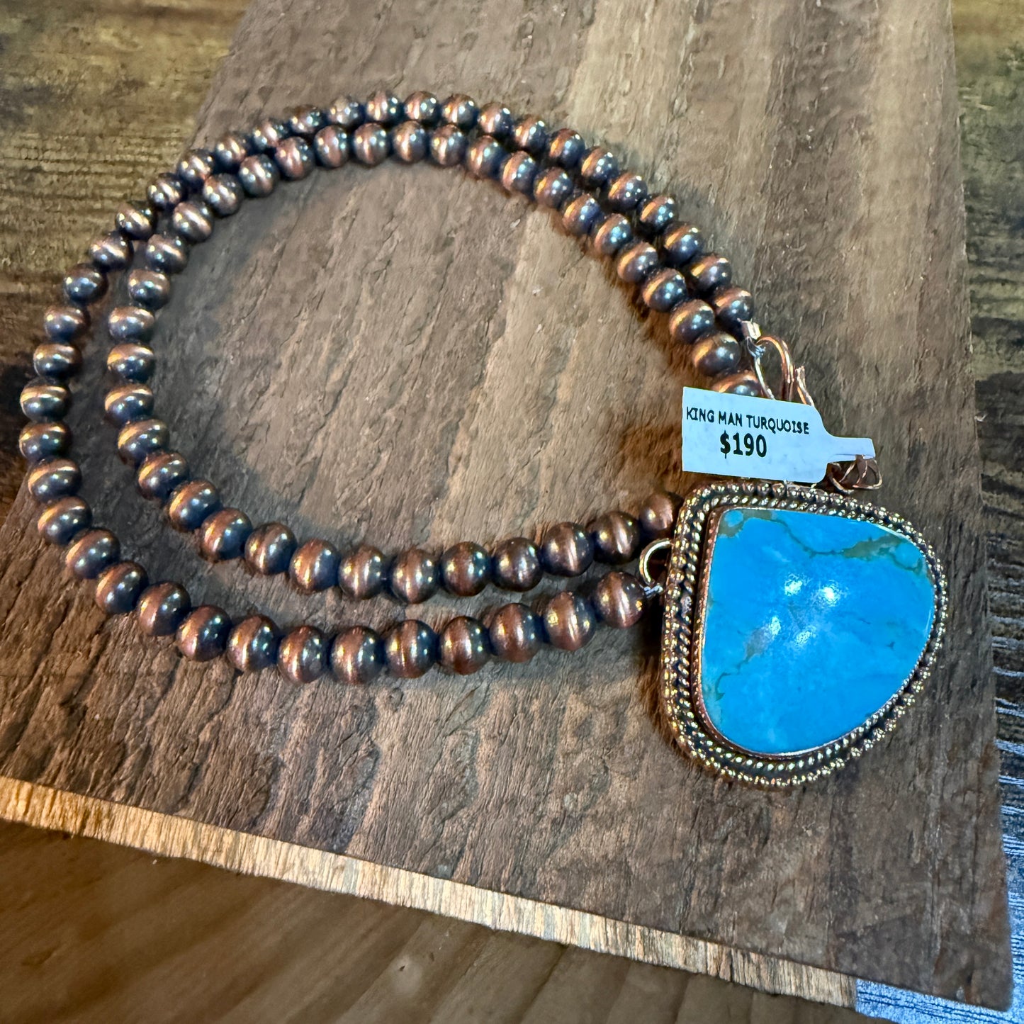 Kingman Turquoise Gemstone Genuine Copper Pearl Bead Necklace 18 Inch Wild West Boho