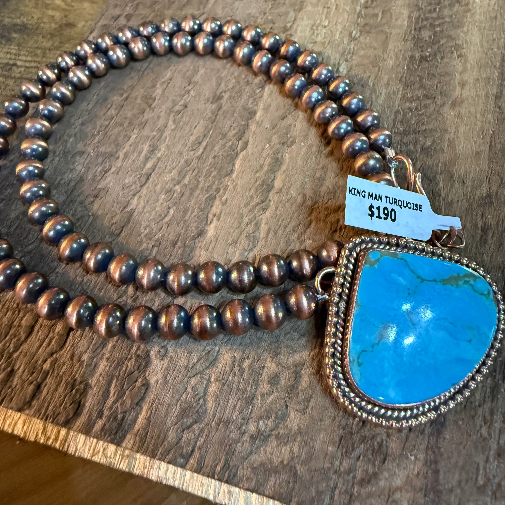 Kingman Turquoise Gemstone Genuine Copper Pearl Bead Necklace 18 Inch Wild West Boho