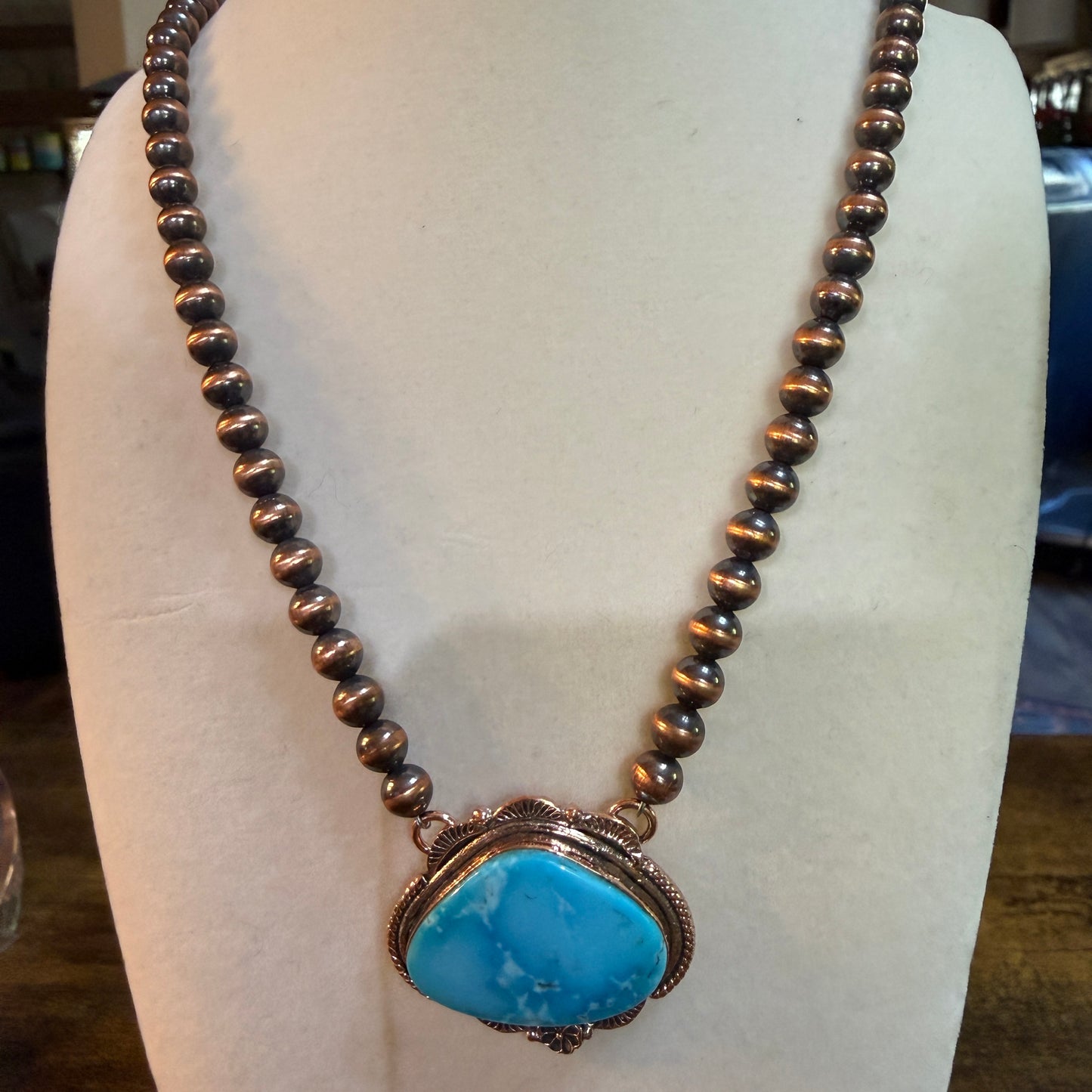 Kingman Turquoise Gemstone Genuine Copper 6mm Pearl Beads Necklace 18 Inch Wild West Boho