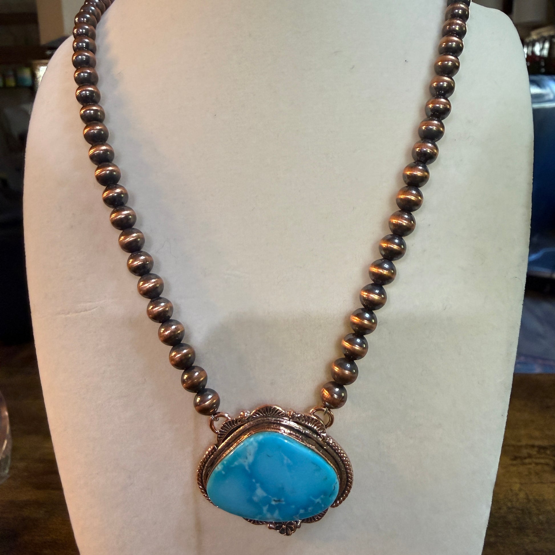 Kingman Turquoise Gemstone Genuine Copper 6mm Pearl Beads Necklace 18 Inch Wild West Boho