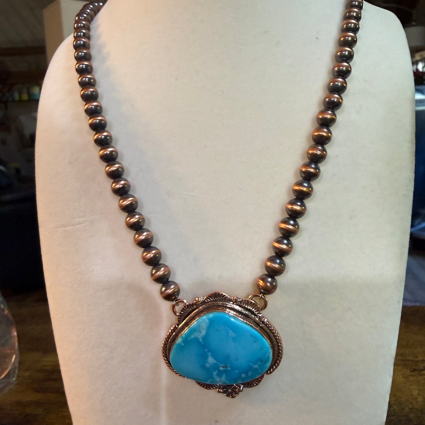Kingman Turquoise Gemstone Genuine Copper 6mm Pearl Beads Necklace 18 Inch Wild West Boho