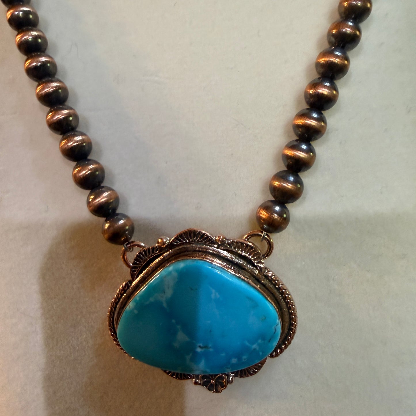 Kingman Turquoise Gemstone Genuine Copper 6mm Pearl Beads Necklace 18 Inch Wild West Boho