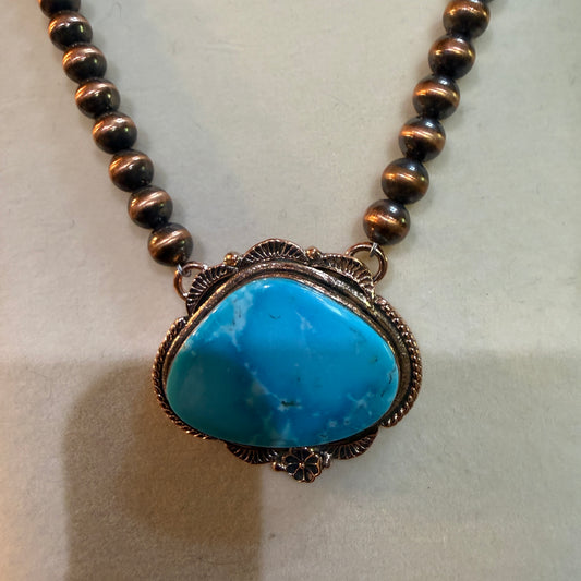 Kingman Turquoise Gemstone Genuine Copper 6mm Pearl Beads Necklace 18 Inch Wild West Boho