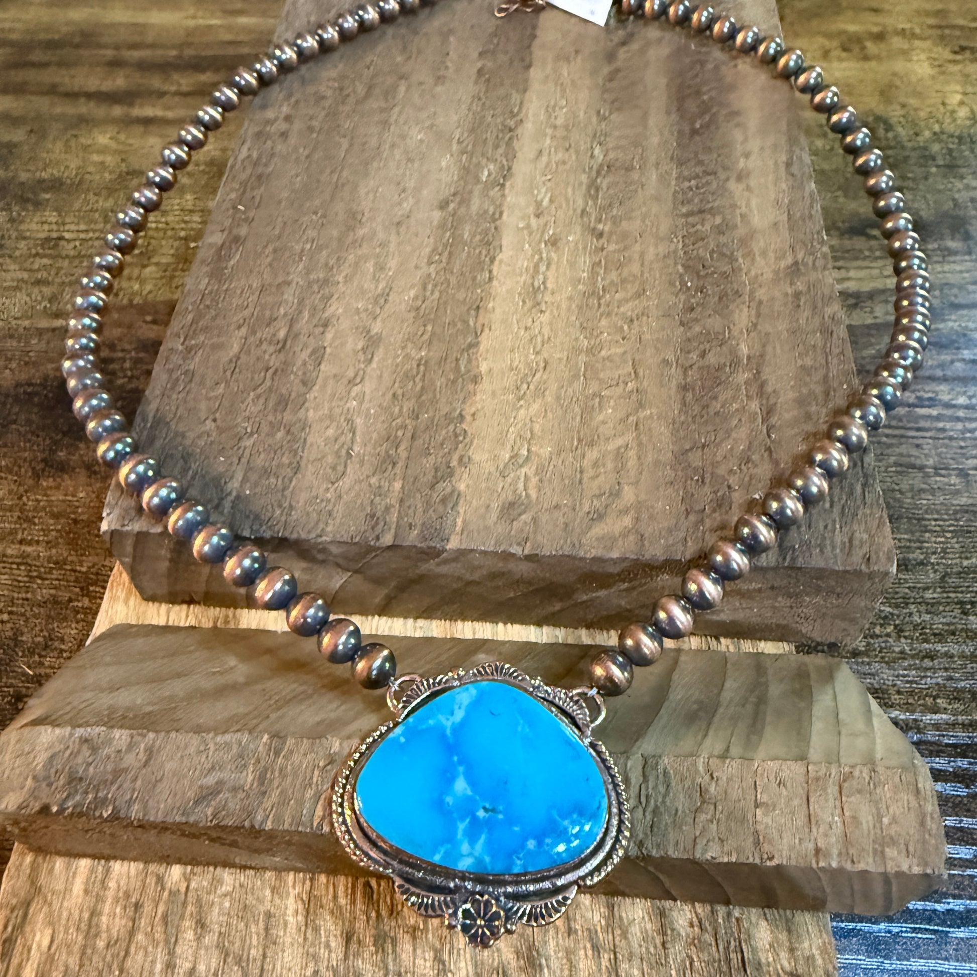 Kingman Turquoise Gemstone Genuine Copper 6mm Pearl Beads Necklace 18 Inch Wild West Boho