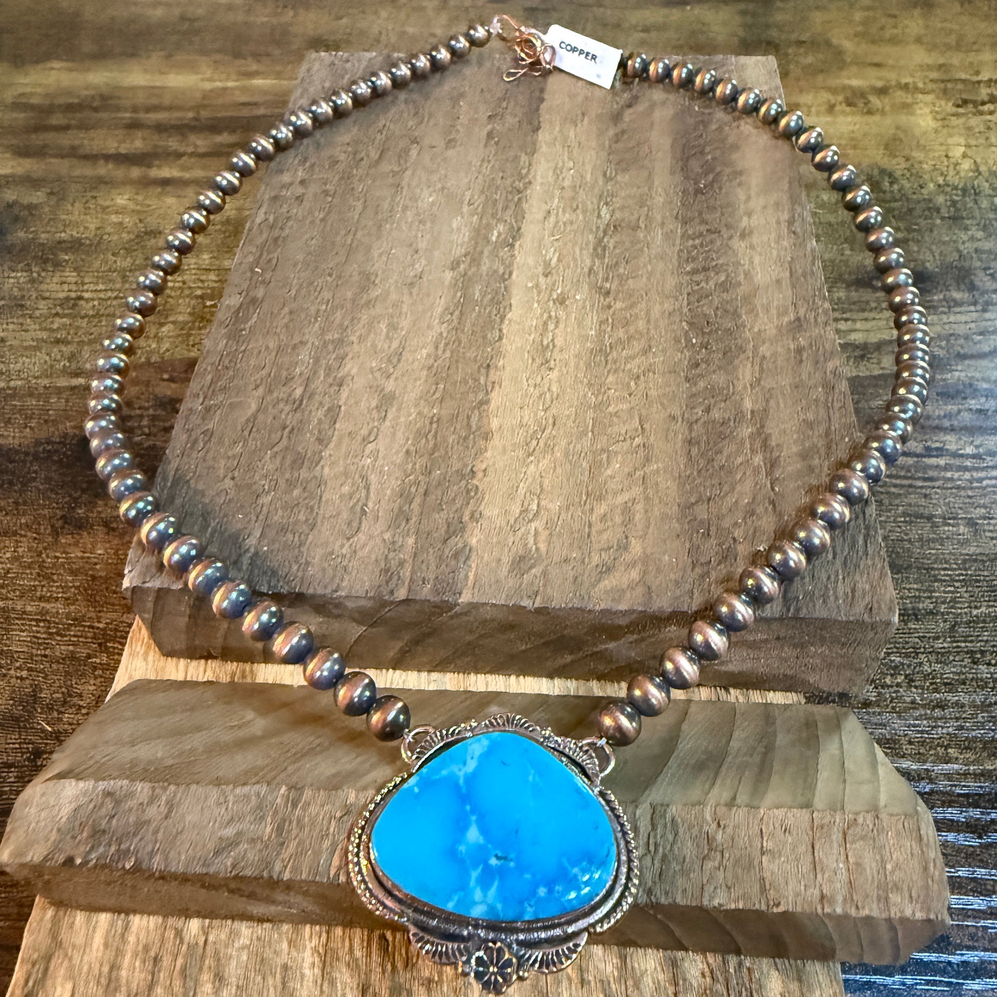 Kingman Turquoise Gemstone Genuine Copper 6mm Pearl Beads Necklace 18 Inch Wild West Boho