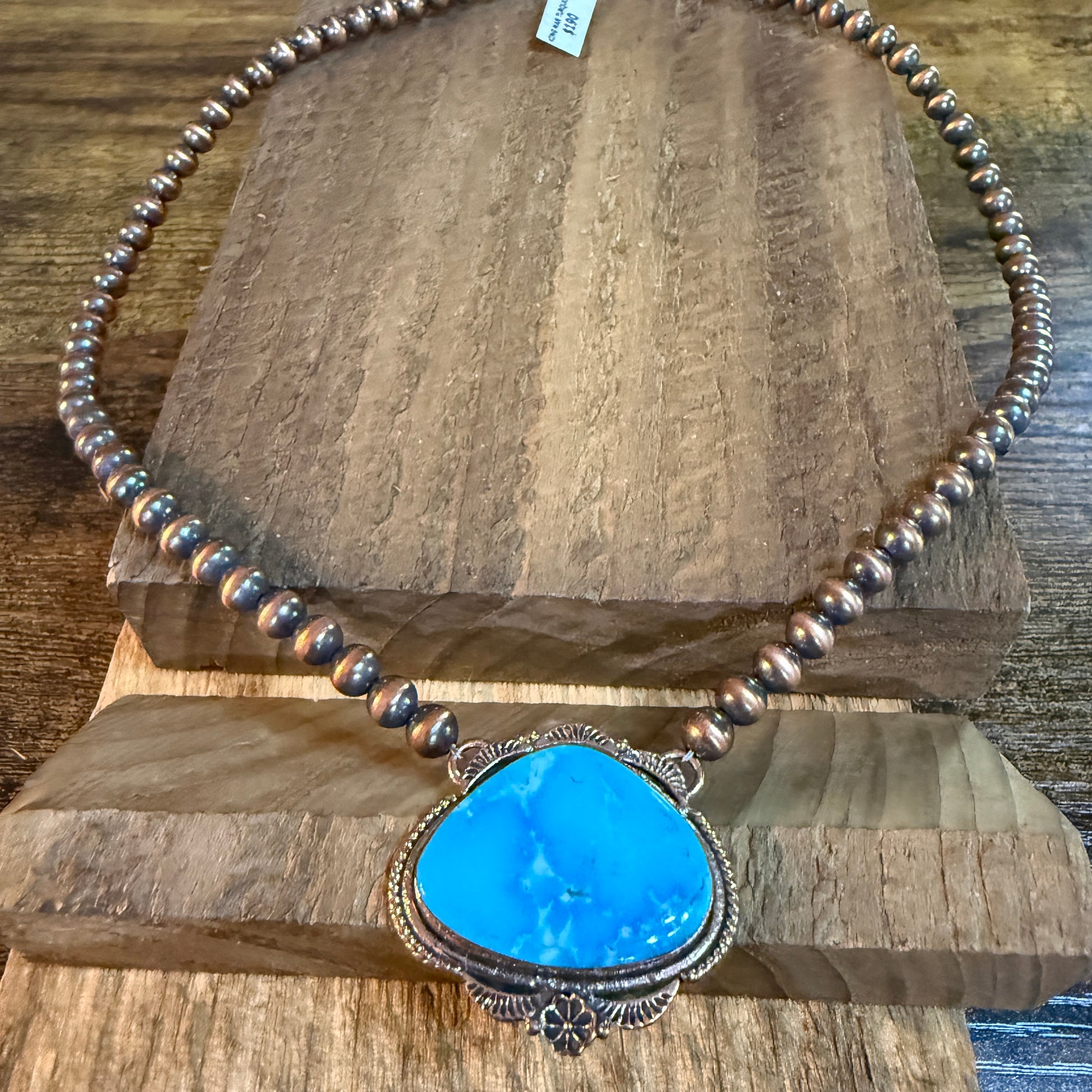 Kingman Turquoise Gemstone Genuine Copper 6mm Pearl Beads Necklace 18 Inch Wild West Boho