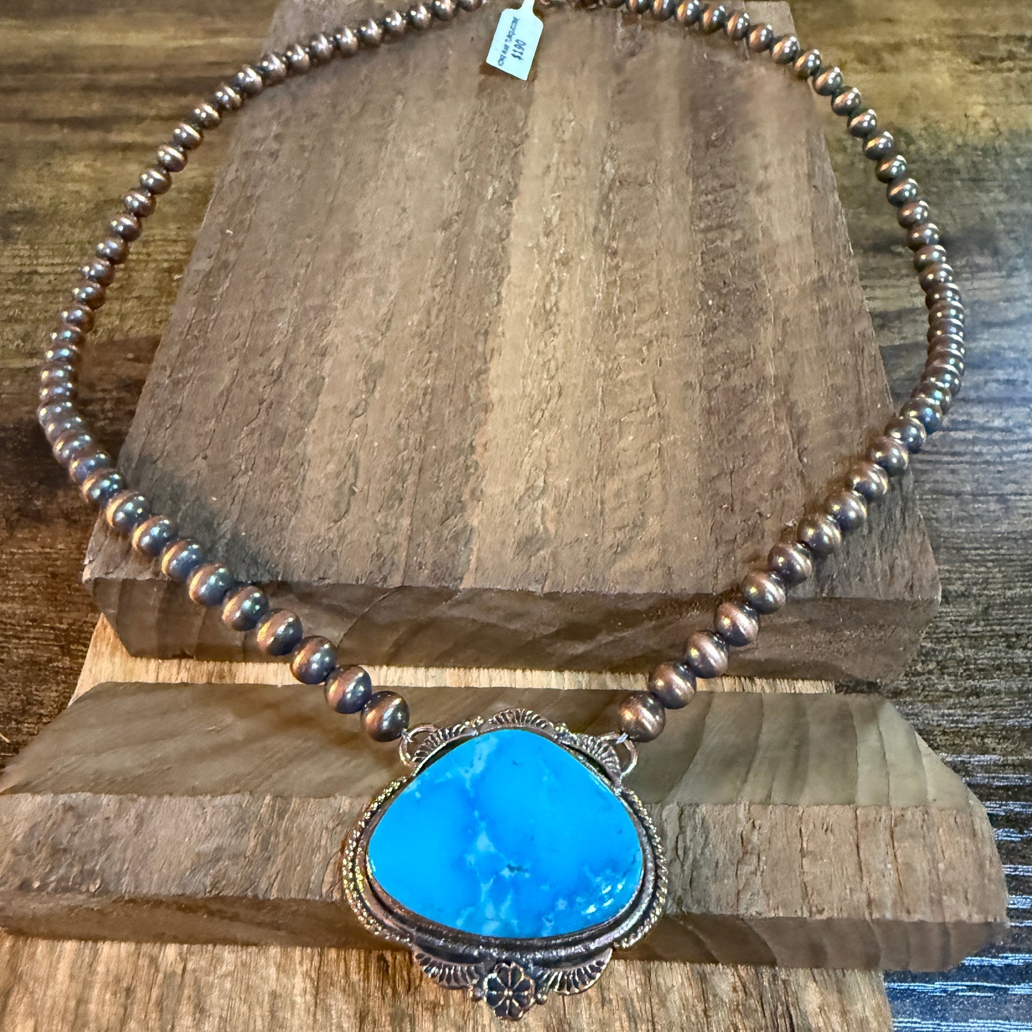 Kingman Turquoise Gemstone Genuine Copper 6mm Pearl Beads Necklace 18 Inch Wild West Boho