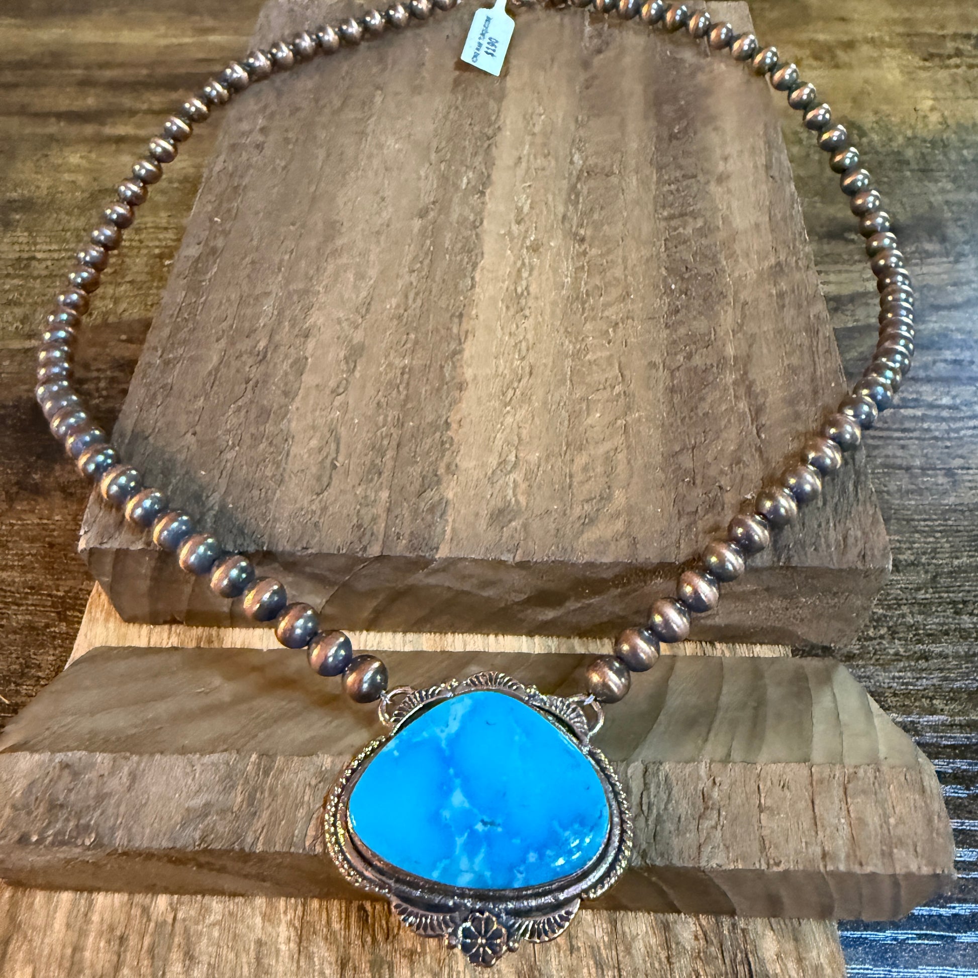 Kingman Turquoise Gemstone Genuine Copper 6mm Pearl Beads Necklace 18 Inch Wild West Boho