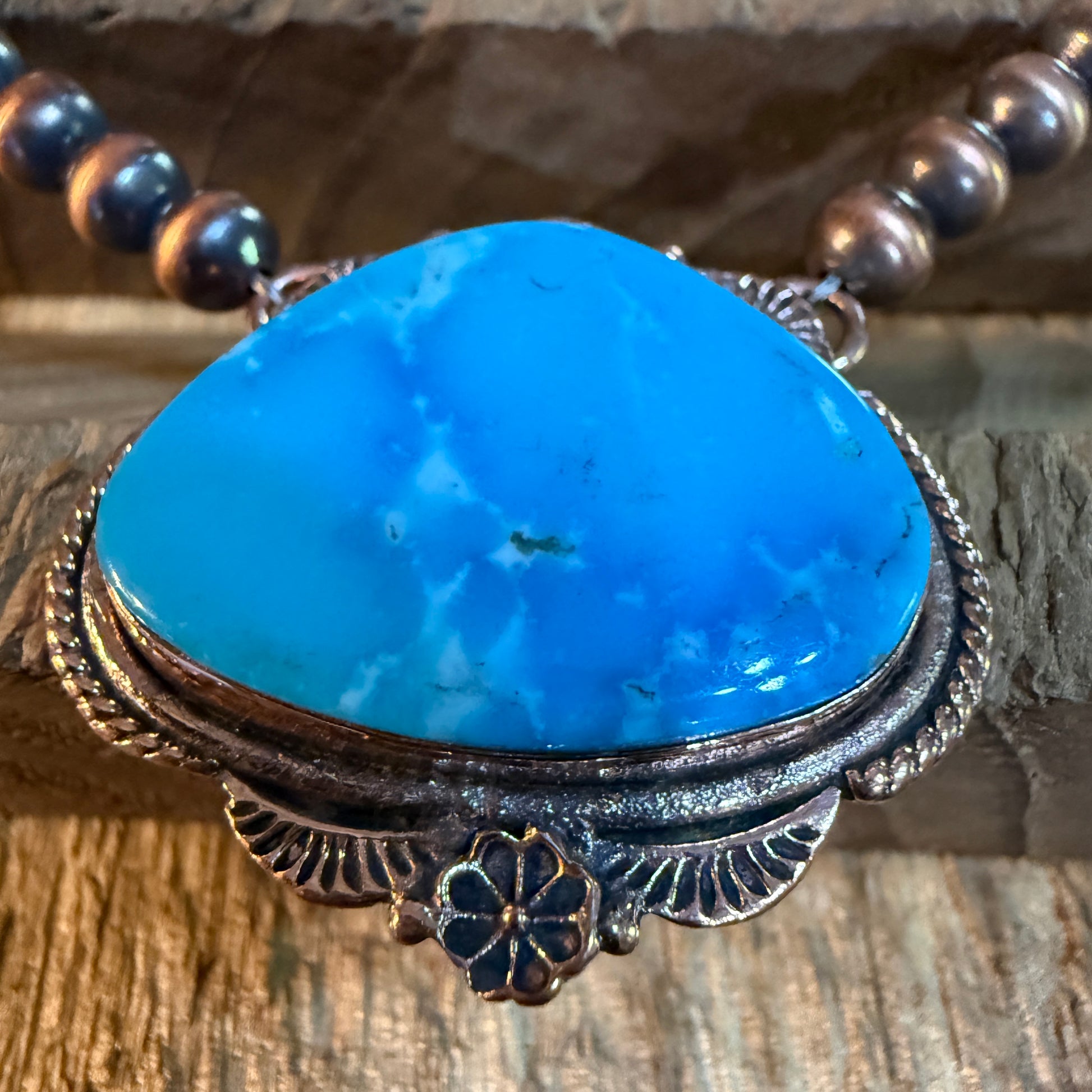 Kingman Turquoise Gemstone Genuine Copper 6mm Pearl Beads Necklace 18 Inch Wild West Boho