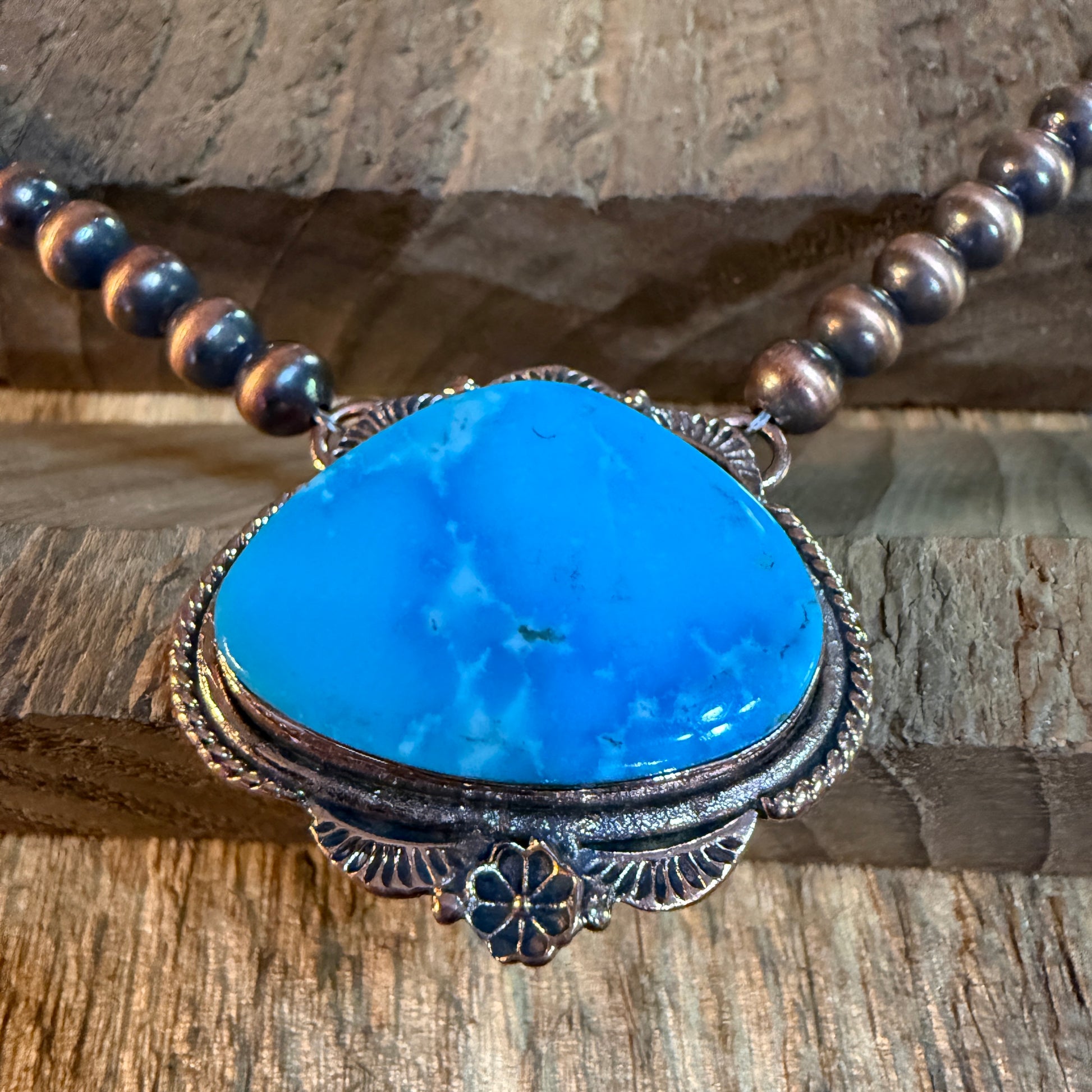 Kingman Turquoise Gemstone Genuine Copper 6mm Pearl Beads Necklace 18 Inch Wild West Boho