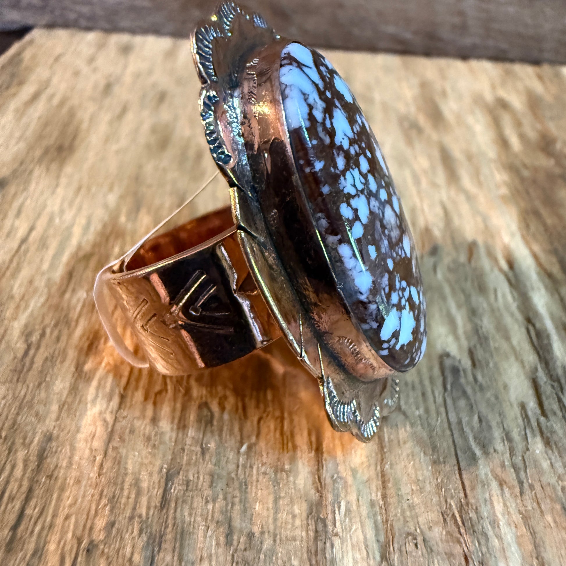 Wild Horse Gemstone Adjustable Copper Ring With One and a Half Inch Stone Wild West Boho
