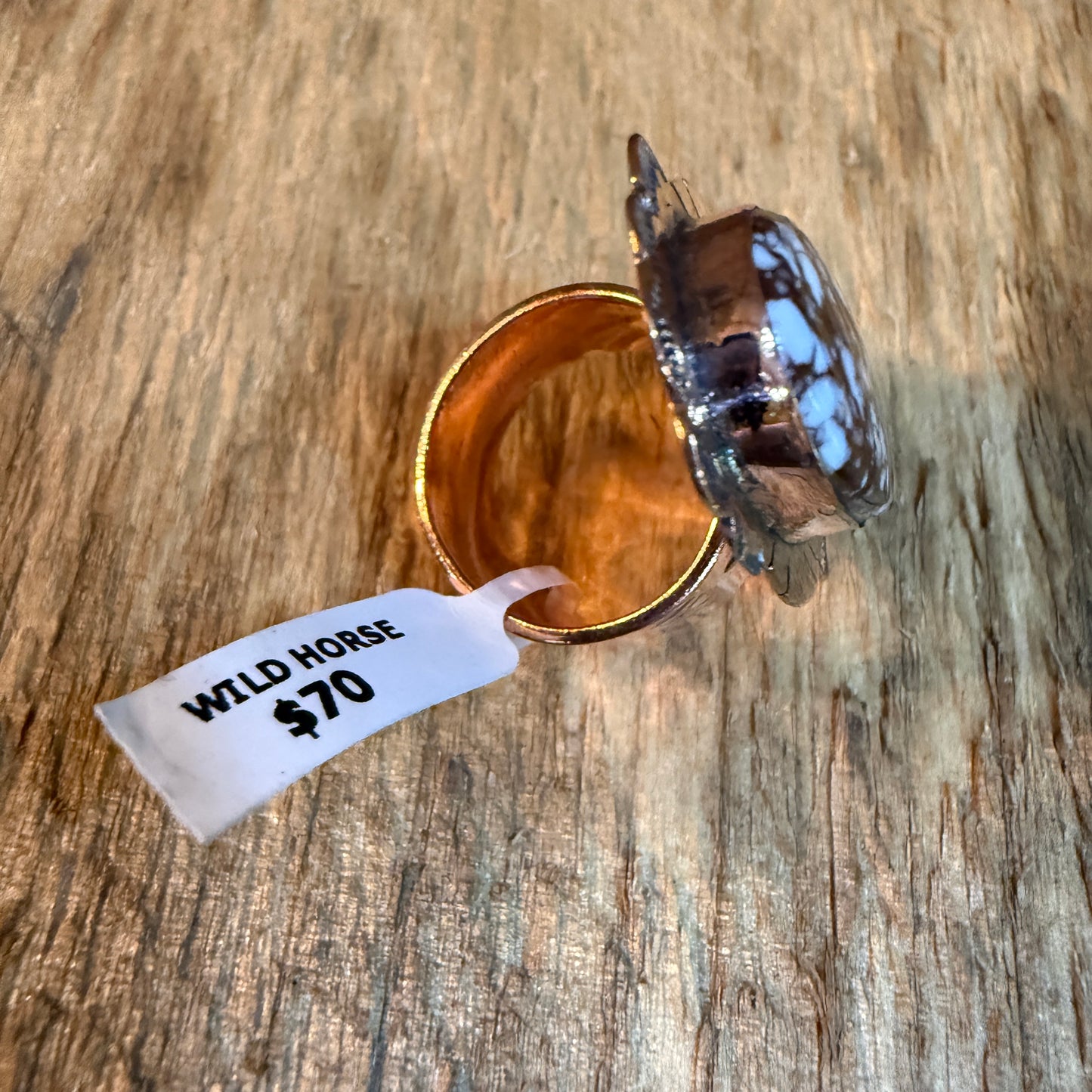 Wild Horse Gemstone Adjustable Copper Ring With One and a Half Inch Stone Wild West Boho
