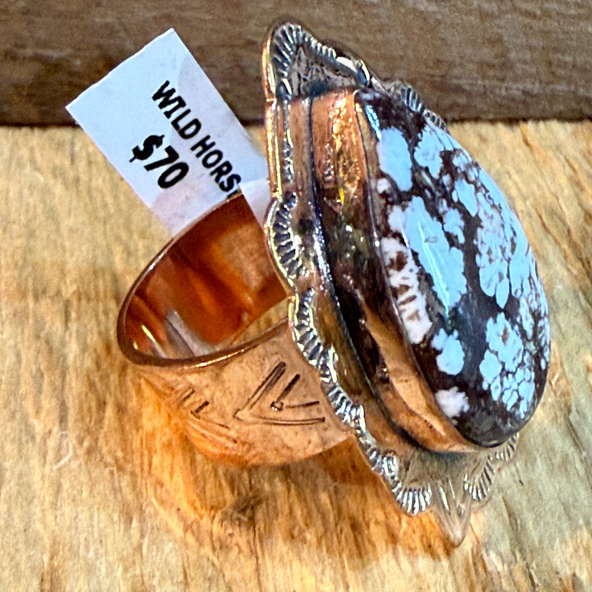 Wild Horse Copper Ring With One Point Two Inch Gemstone Face Adjustable Band Wild West Boho