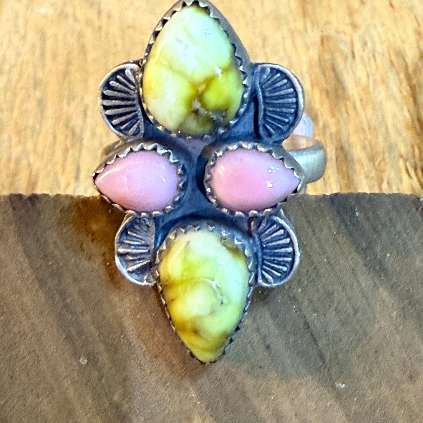 Pink Conch and Palomino Four Gemstones Adjustable Ring in Sterling Silver Wild West Boho