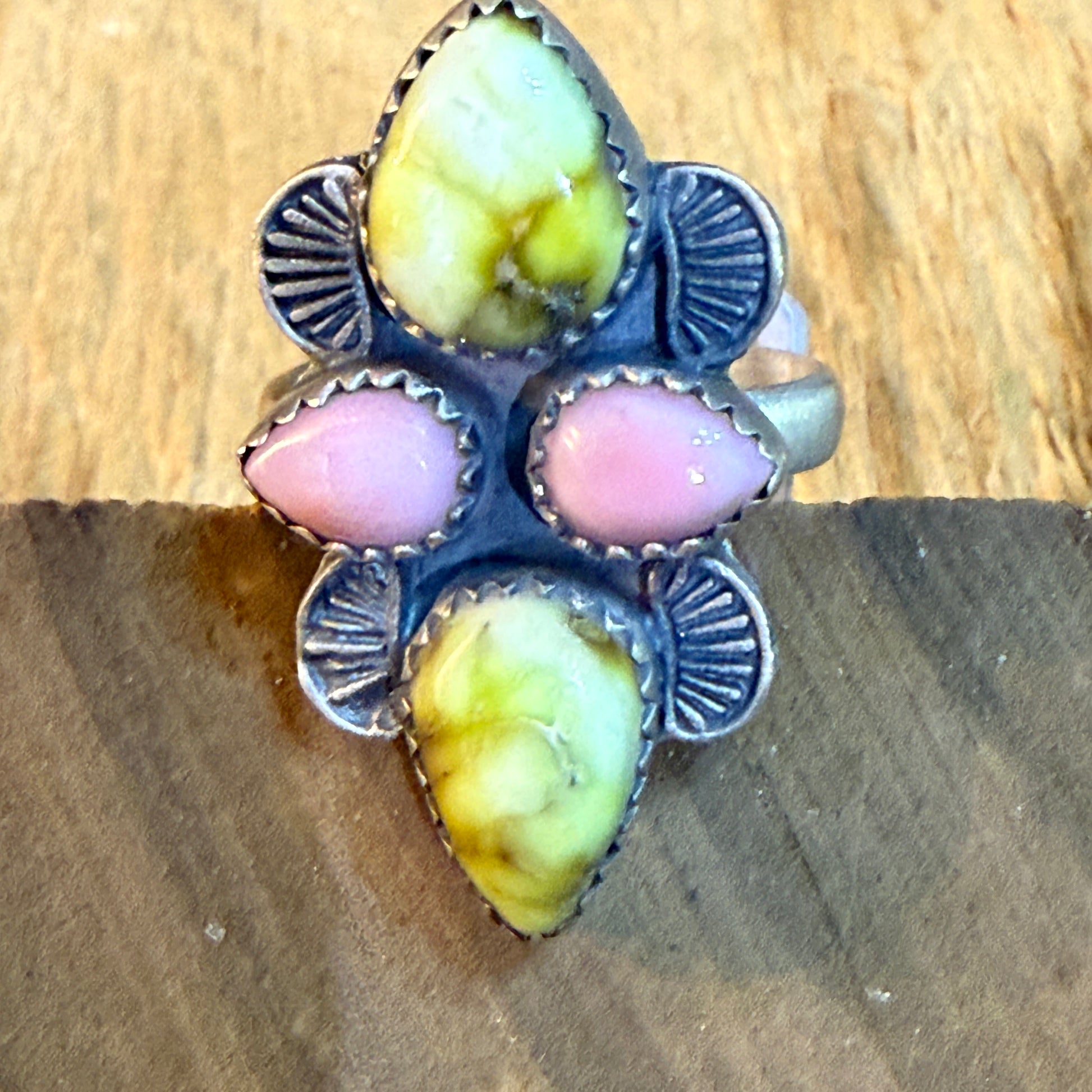 Pink Conch and Palomino Four Gemstones Adjustable Ring in Sterling Silver Wild West Boho