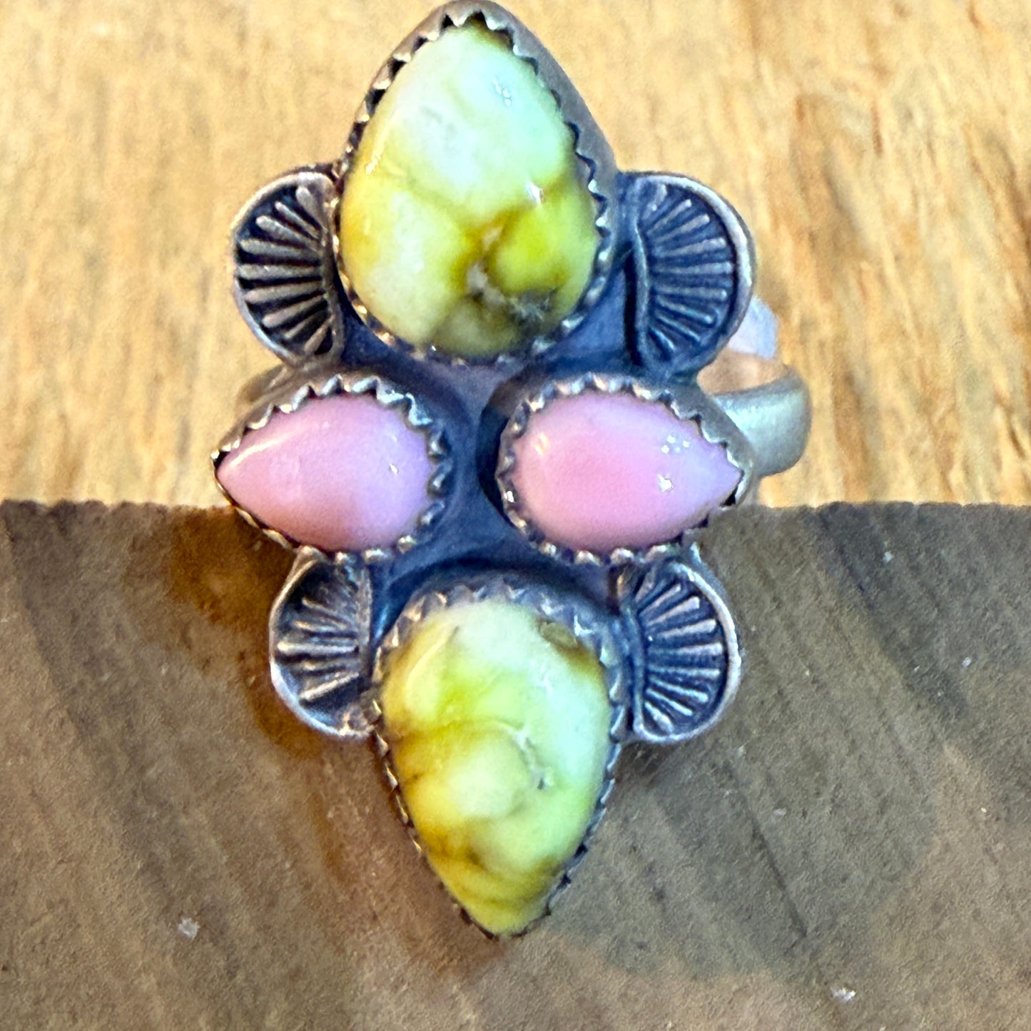 Pink Conch and Palomino Four Gemstones Adjustable Ring in Sterling Silver Wild West Boho