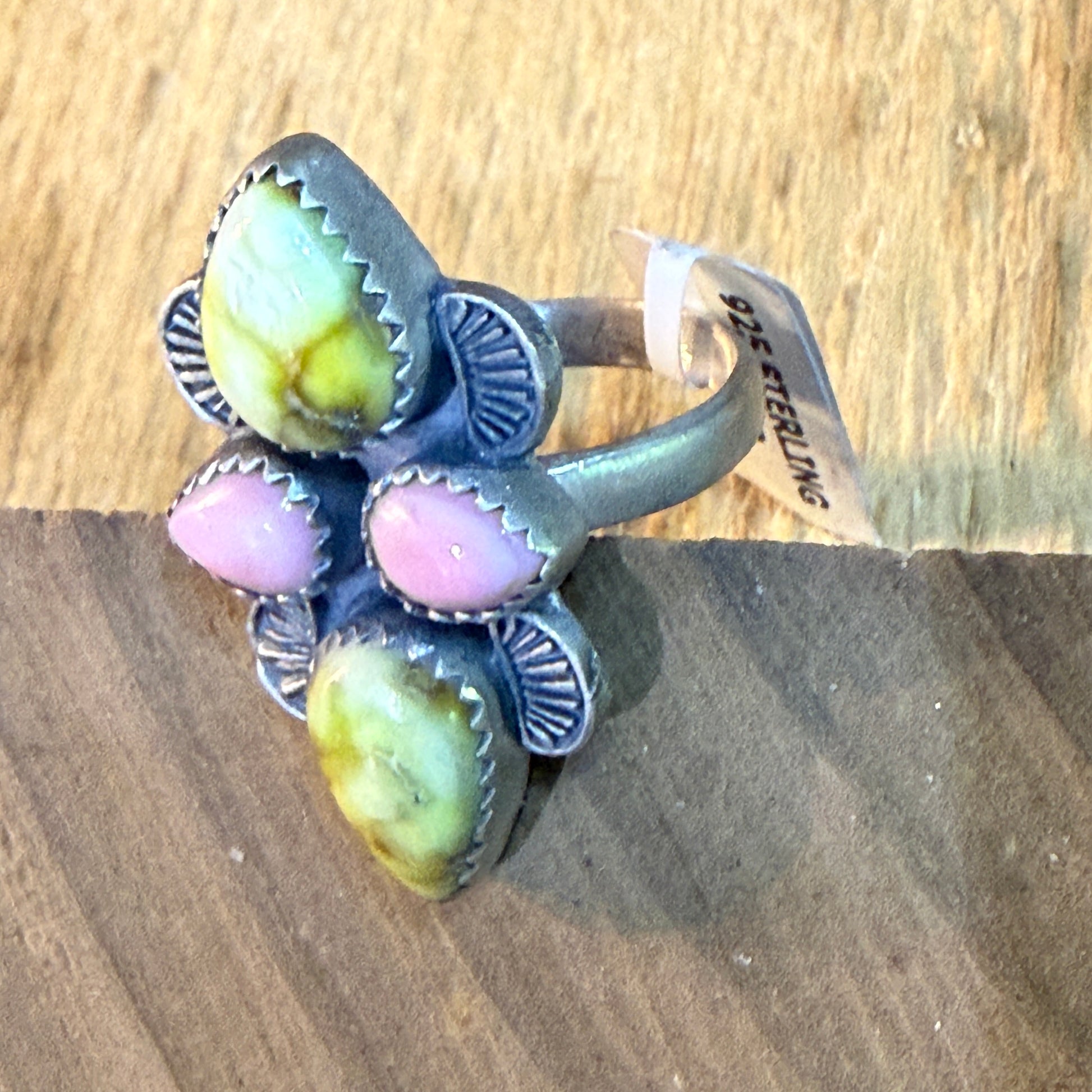 Pink Conch and Palomino Four Gemstones Adjustable Ring in Sterling Silver Wild West Boho