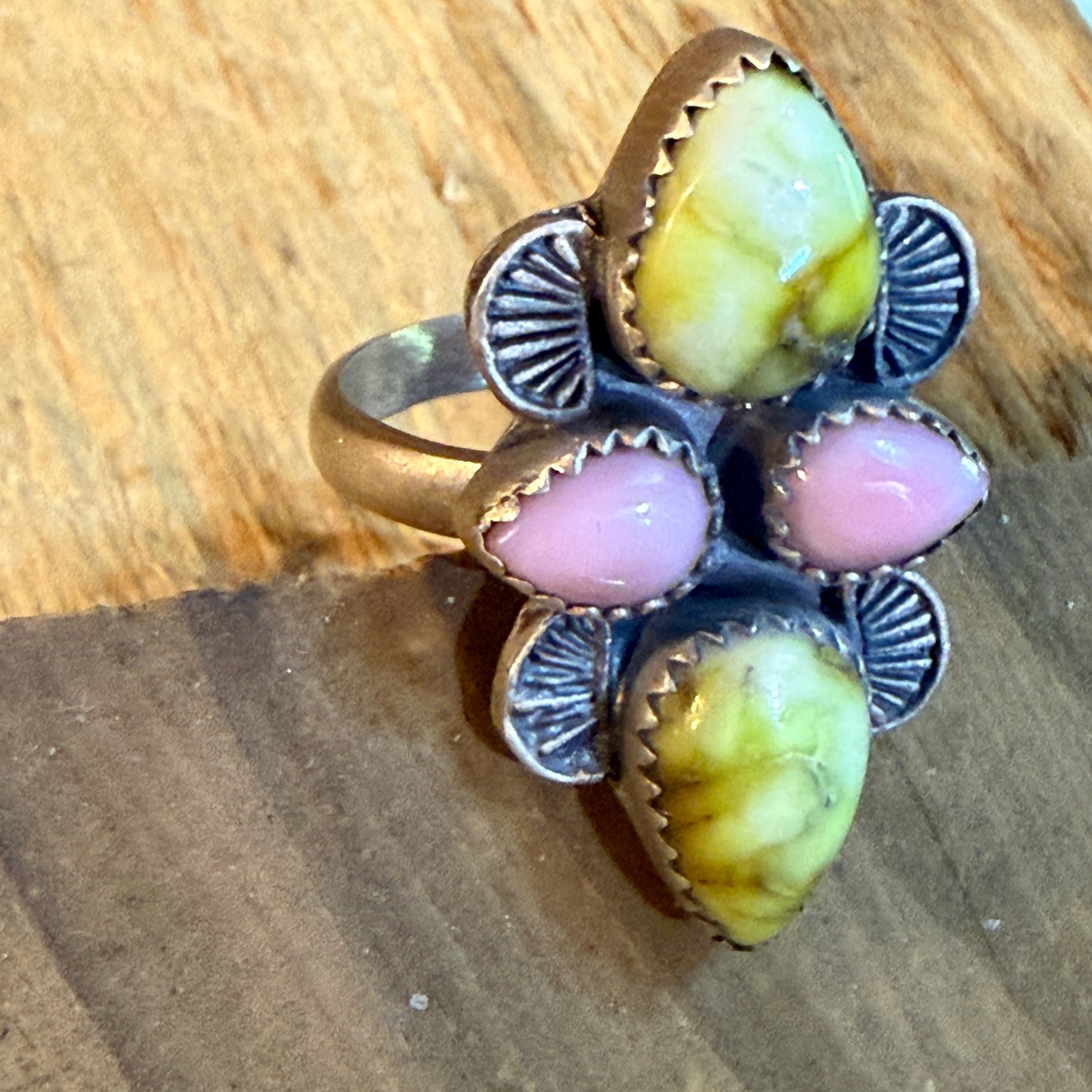 Pink Conch and Palomino Four Gemstones Adjustable Ring in Sterling Silver Wild West Boho