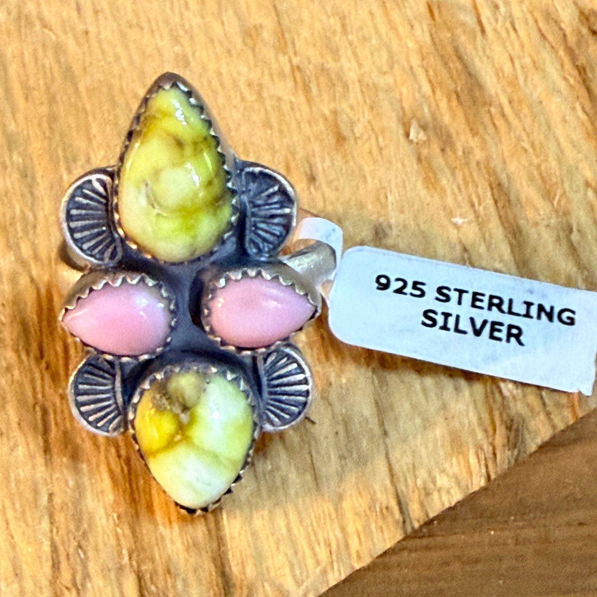 Pink Conch and Palomino Four Gemstones Adjustable Ring in Sterling Silver Wild West Boho