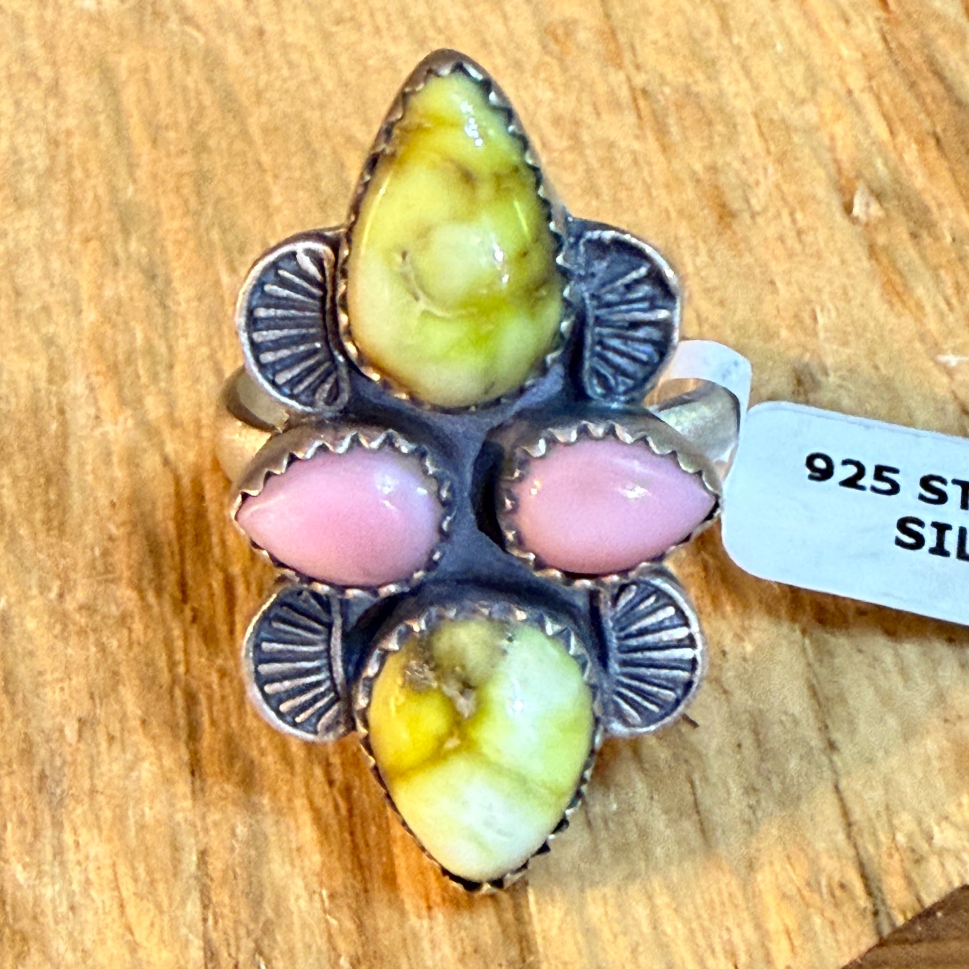 Pink Conch and Palomino Four Gemstones Adjustable Ring in Sterling Silver Wild West Boho