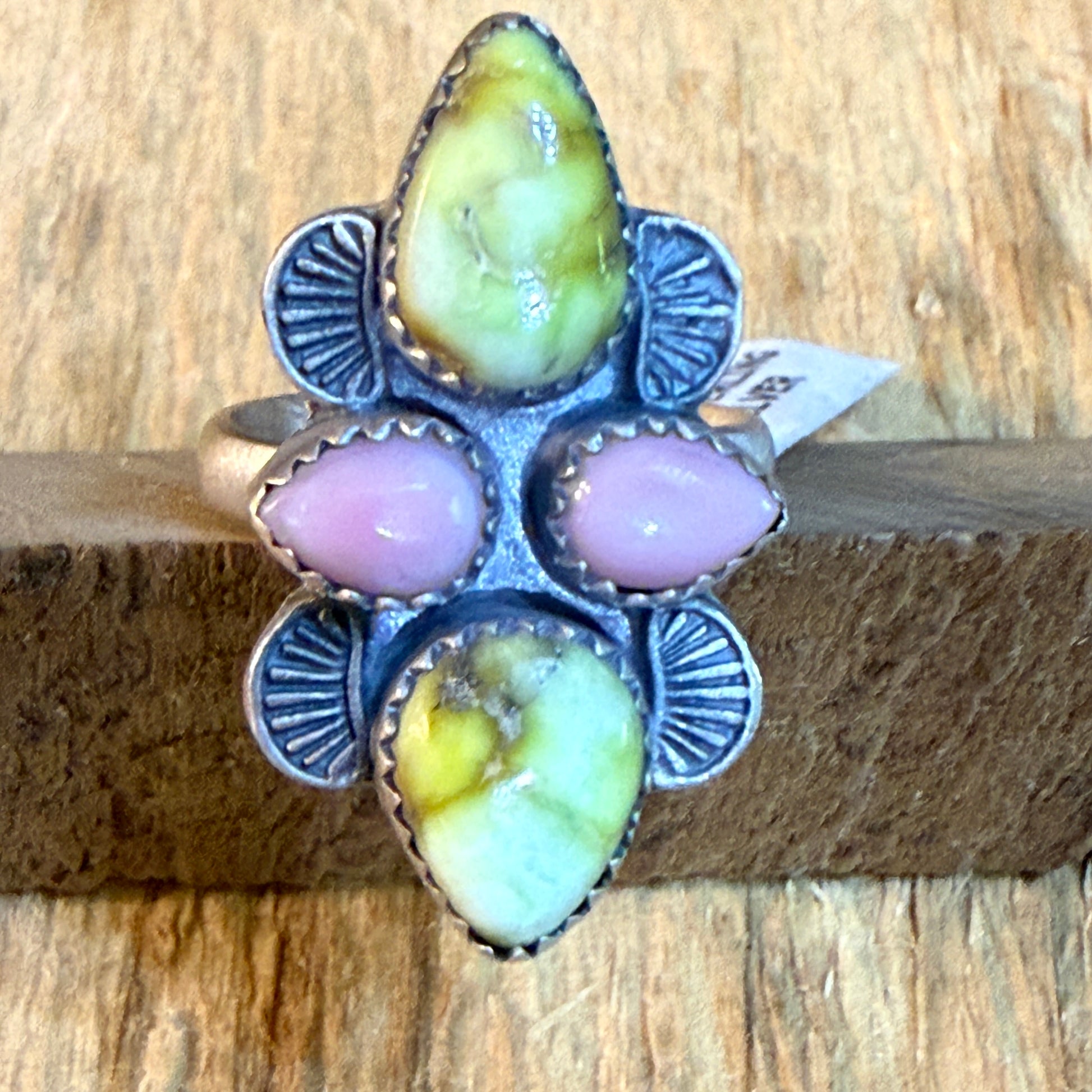 Pink Conch and Palomino Four Gemstones Adjustable Ring in Sterling Silver Wild West Boho