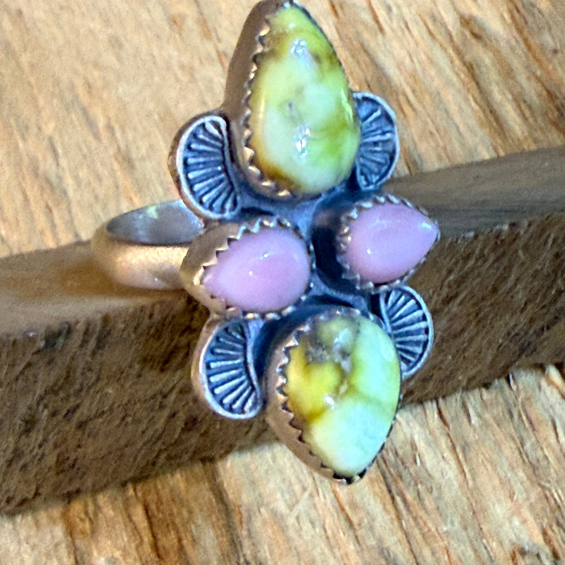 Pink Conch and Palomino Four Gemstones Adjustable Ring in Sterling Silver Wild West Boho