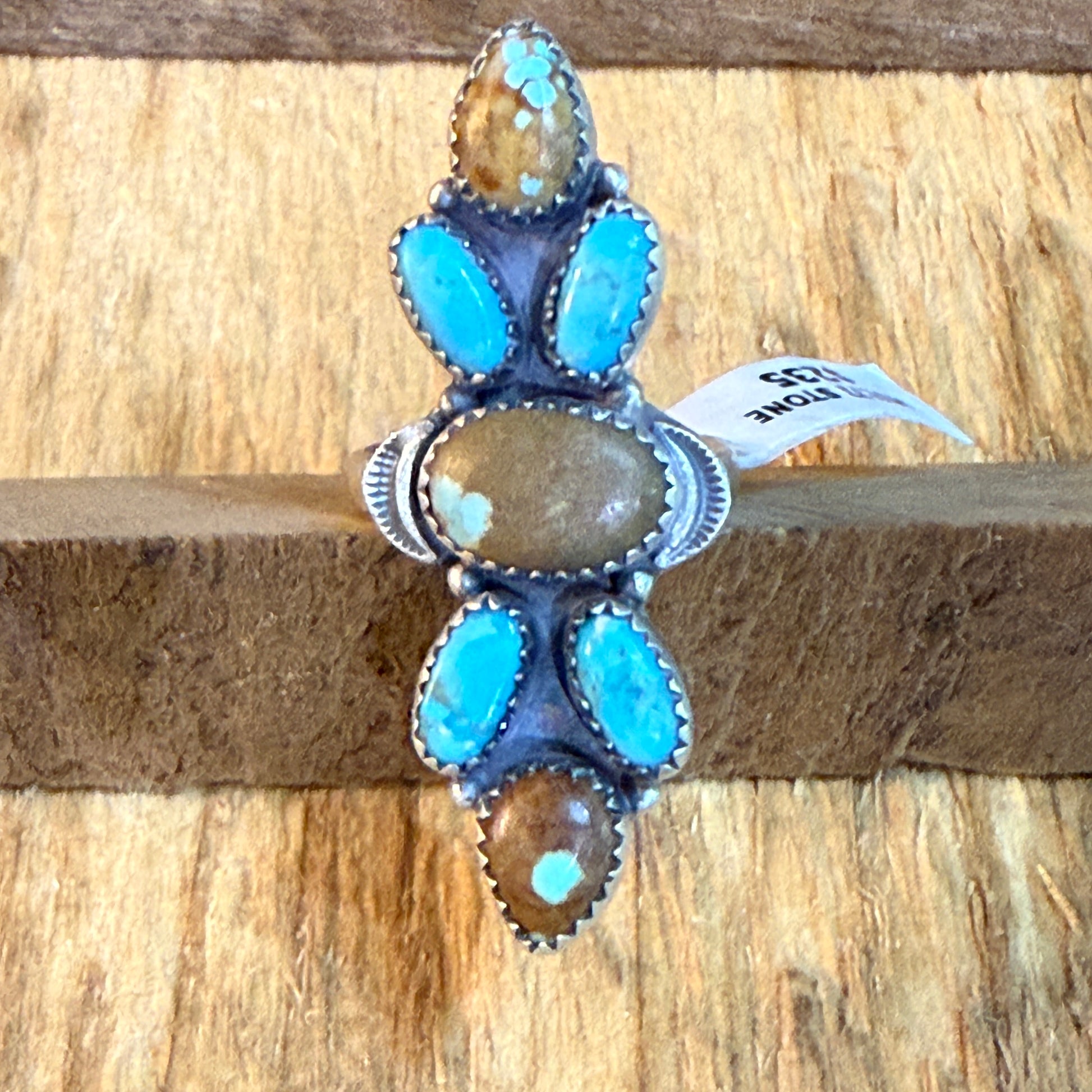 Number Eight Turquoise Seven Gemstone Adjustable Ring Sterling Silver Wild West Boho