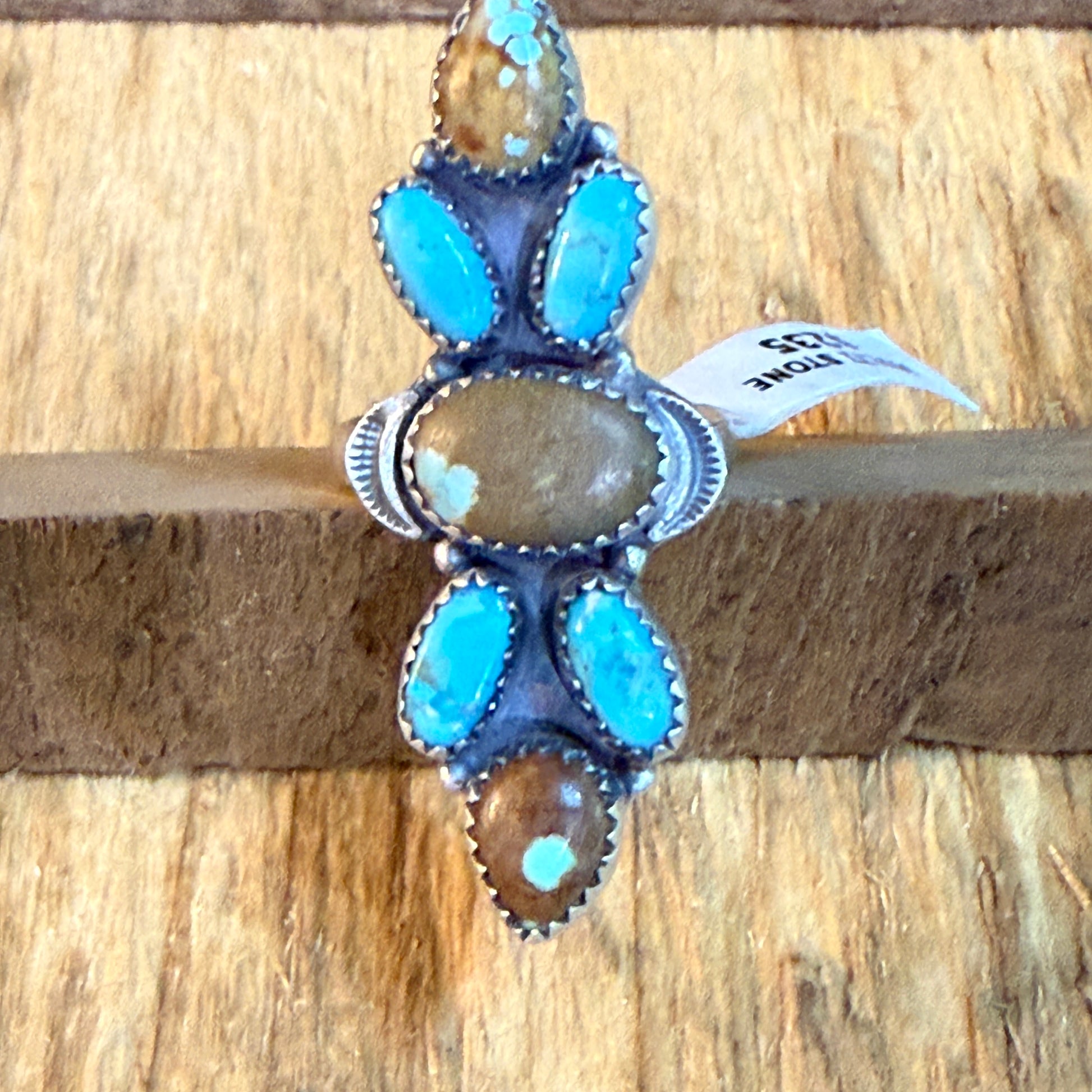 Number Eight Turquoise Seven Gemstone Adjustable Ring Sterling Silver Wild West Boho