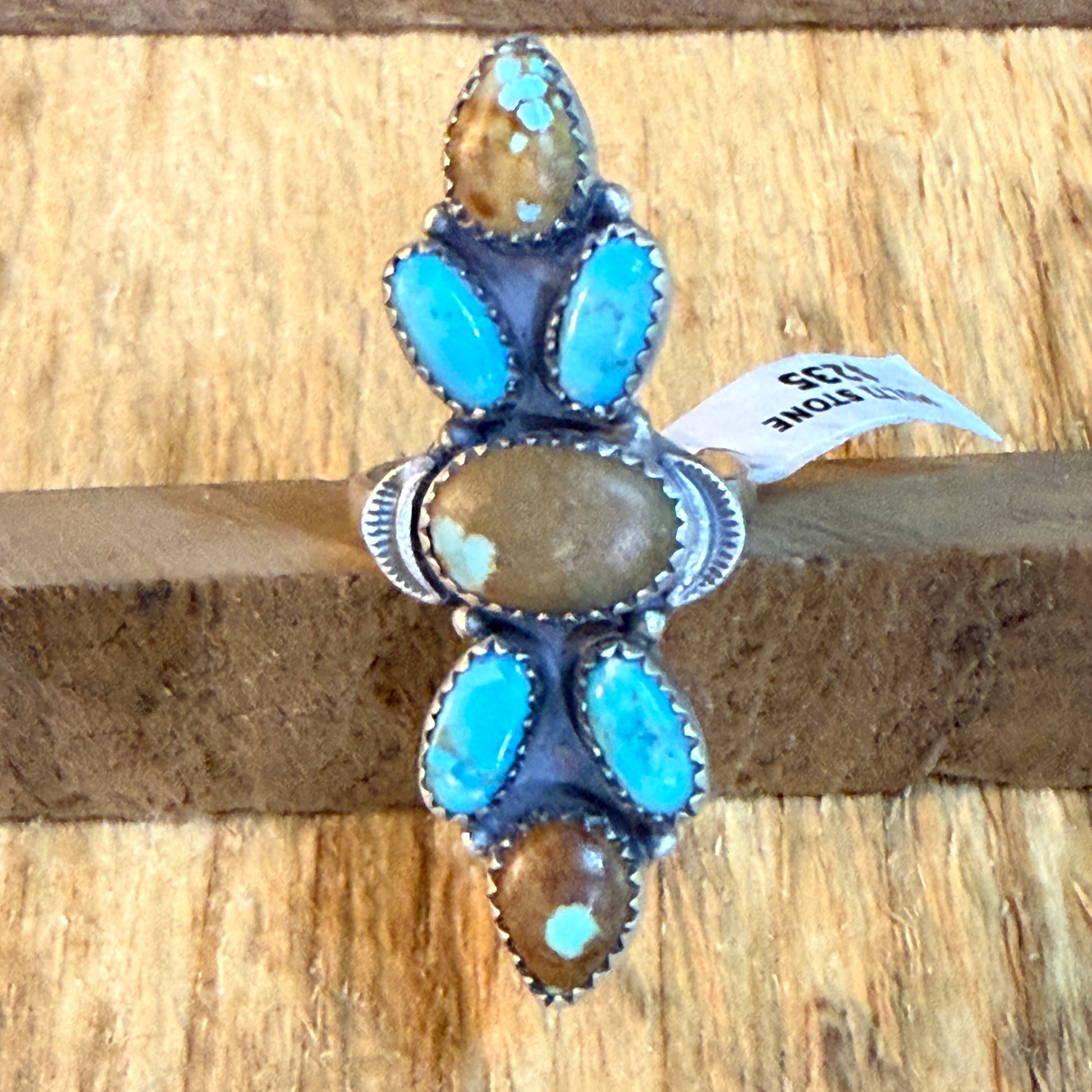 Number Eight Turquoise Seven Gemstone Adjustable Ring Sterling Silver Wild West Boho