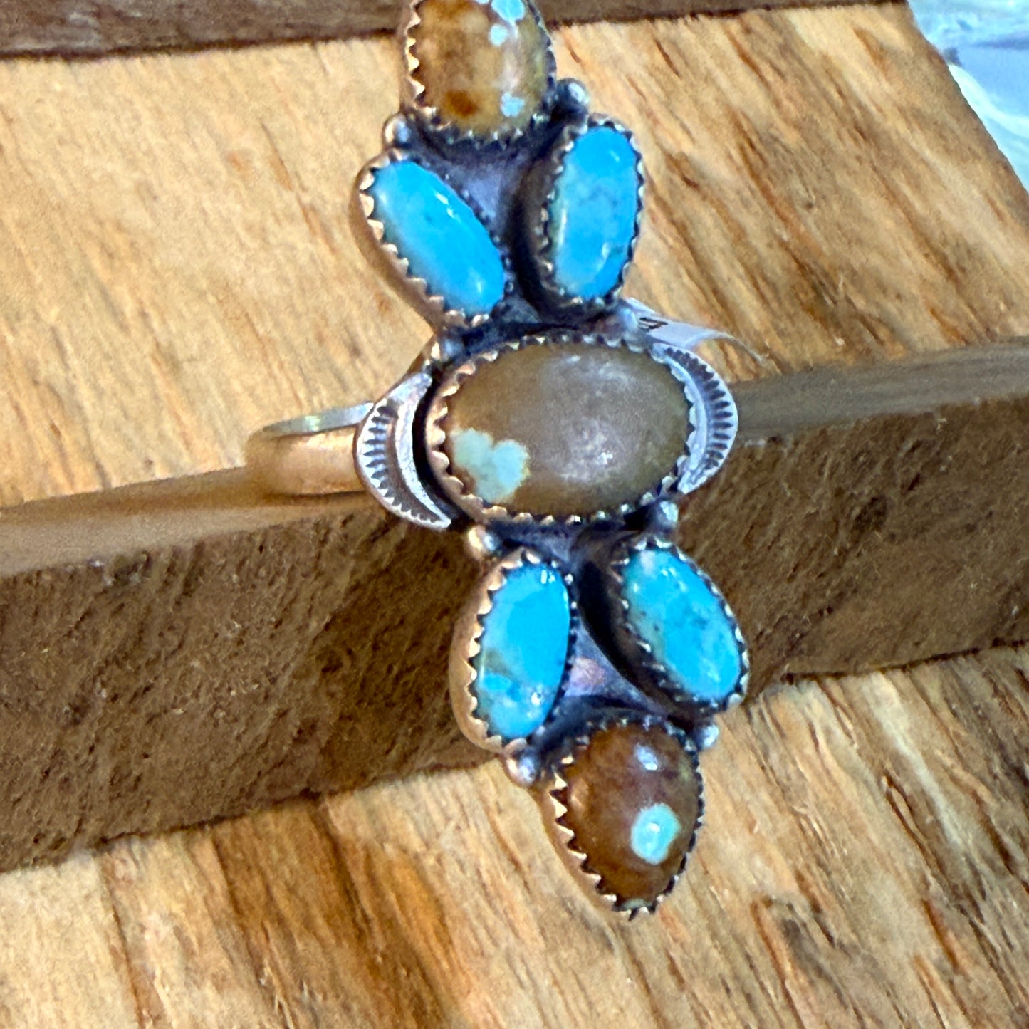 Number Eight Turquoise Seven Gemstone Adjustable Ring Sterling Silver Wild West Boho