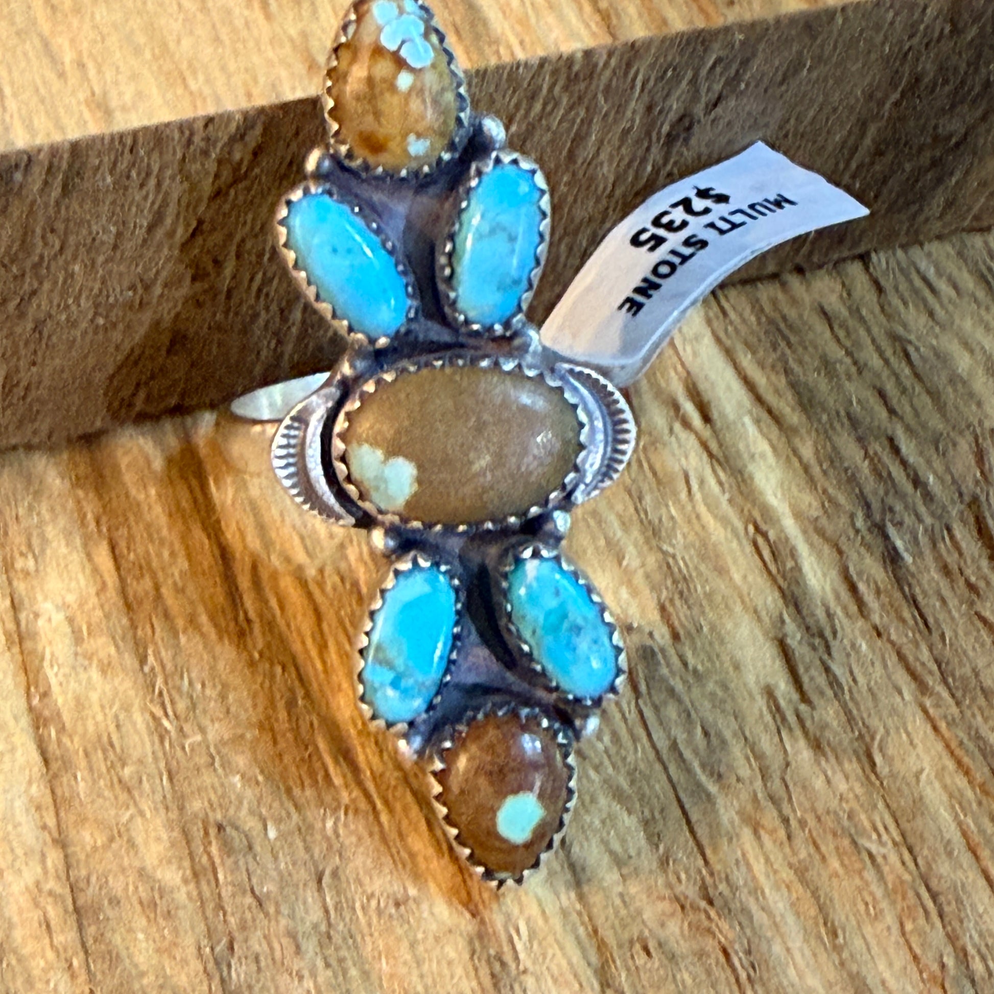 Number Eight Turquoise Seven Gemstone Adjustable Ring Sterling Silver Wild West Boho
