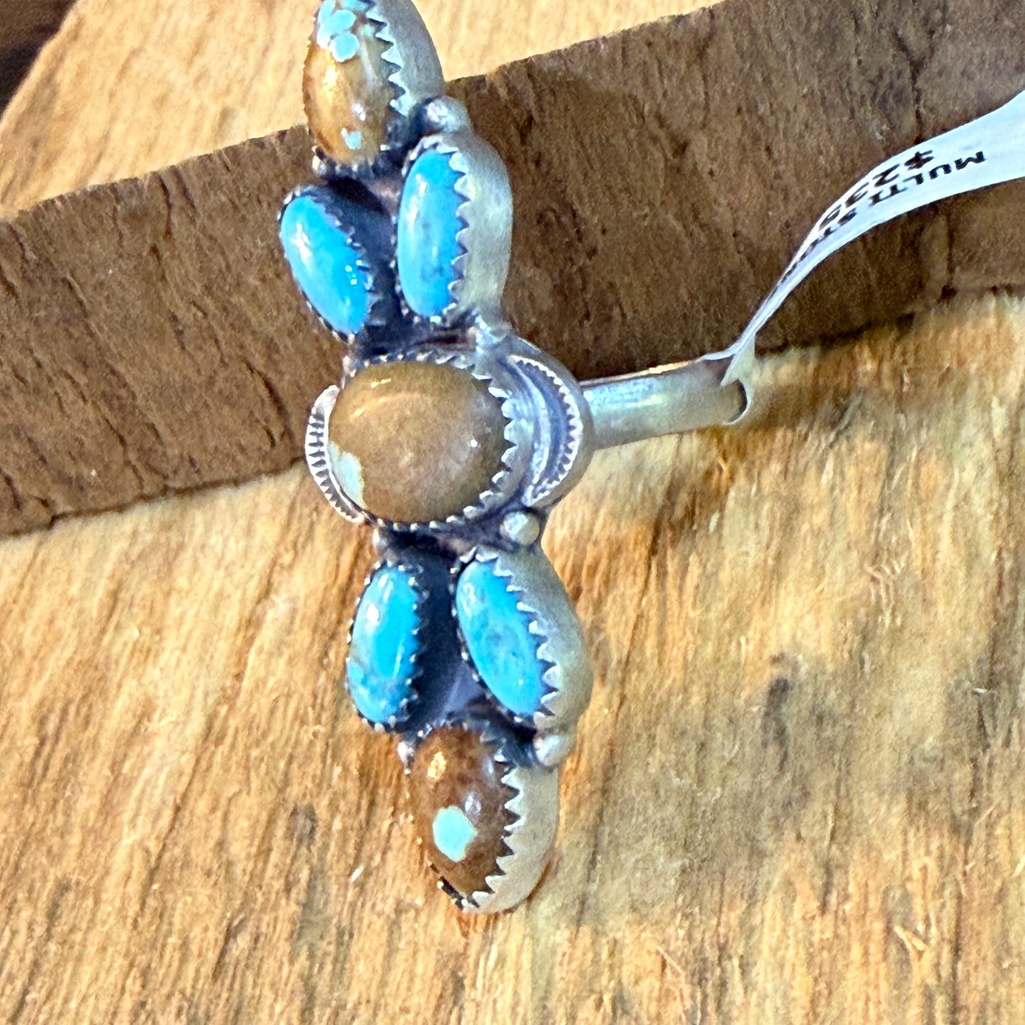 Number Eight Turquoise Seven Gemstone Adjustable Ring Sterling Silver Wild West Boho