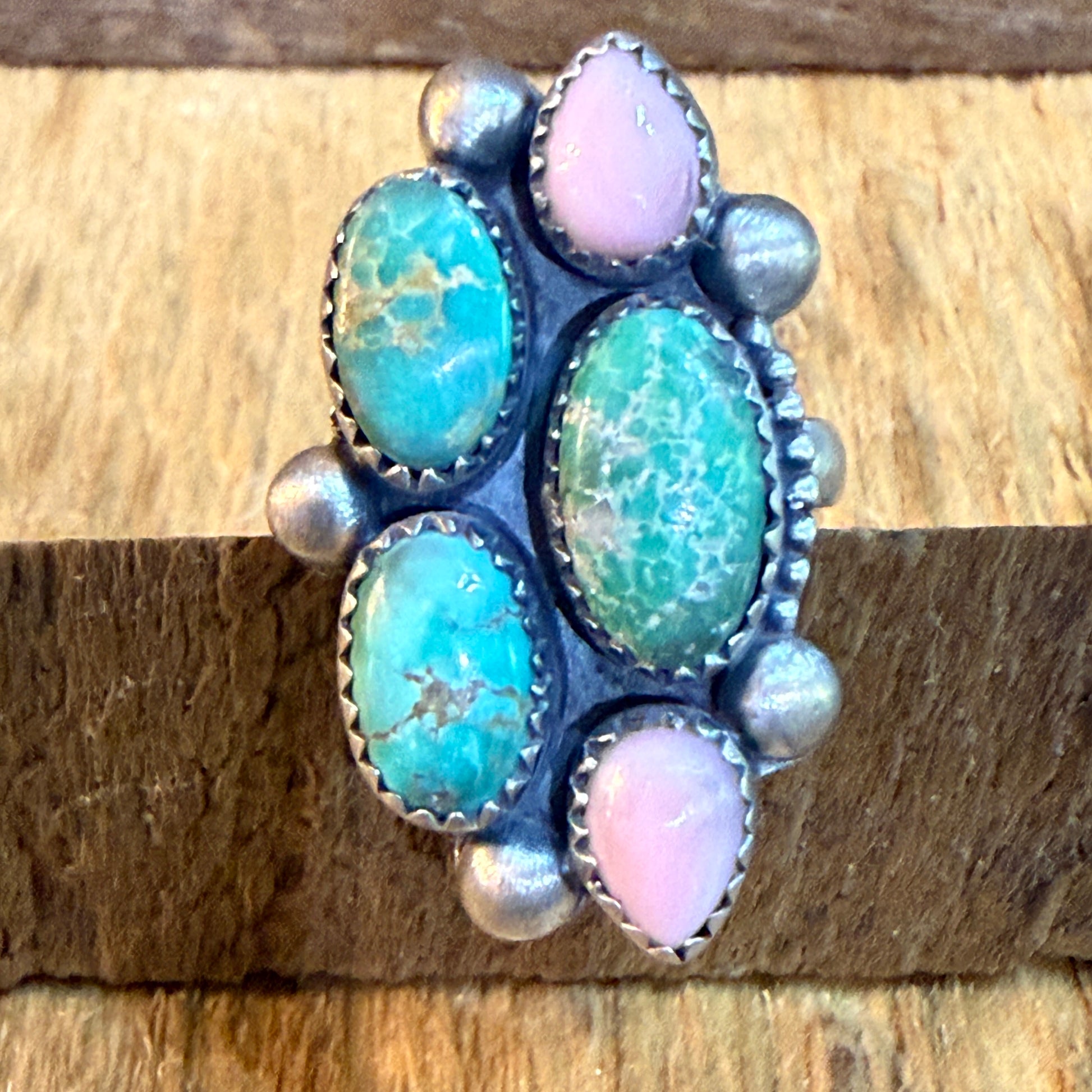 Pink Conch And Emerald Valley Five Gemstone Cluster Ring Sterling Silver Wild West Boho