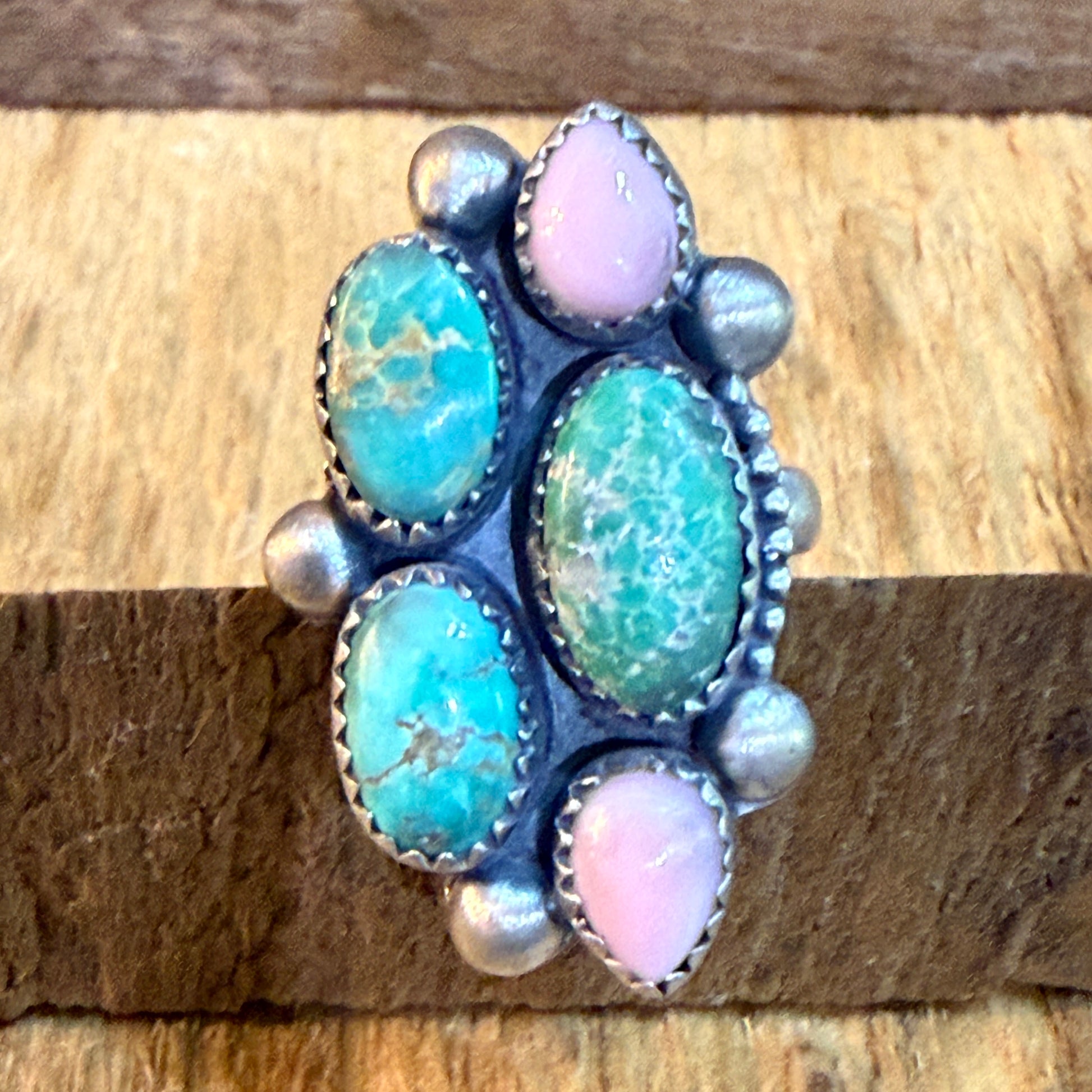 Pink Conch And Emerald Valley Five Gemstone Cluster Ring Sterling Silver Wild West Boho