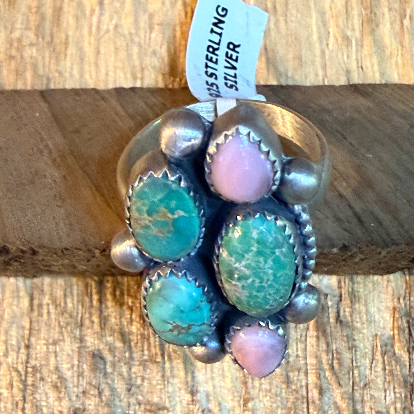 Pink Conch And Emerald Valley Five Gemstone Cluster Ring Sterling Silver Wild West Boho