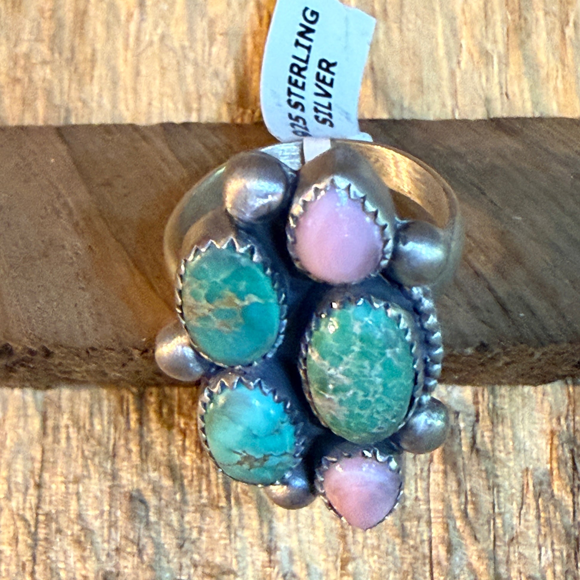 Pink Conch And Emerald Valley Five Gemstone Cluster Ring Sterling Silver Wild West Boho