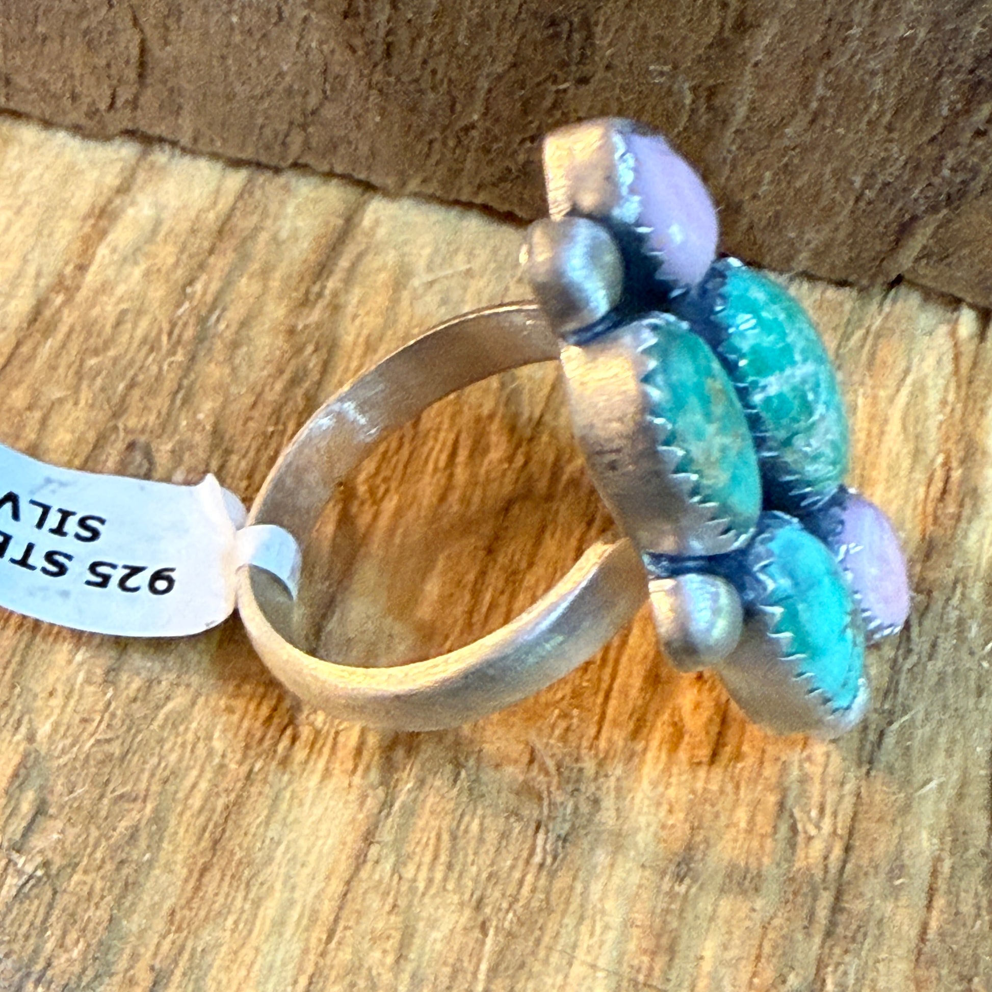 Pink Conch And Emerald Valley Five Gemstone Cluster Ring Sterling Silver Wild West Boho