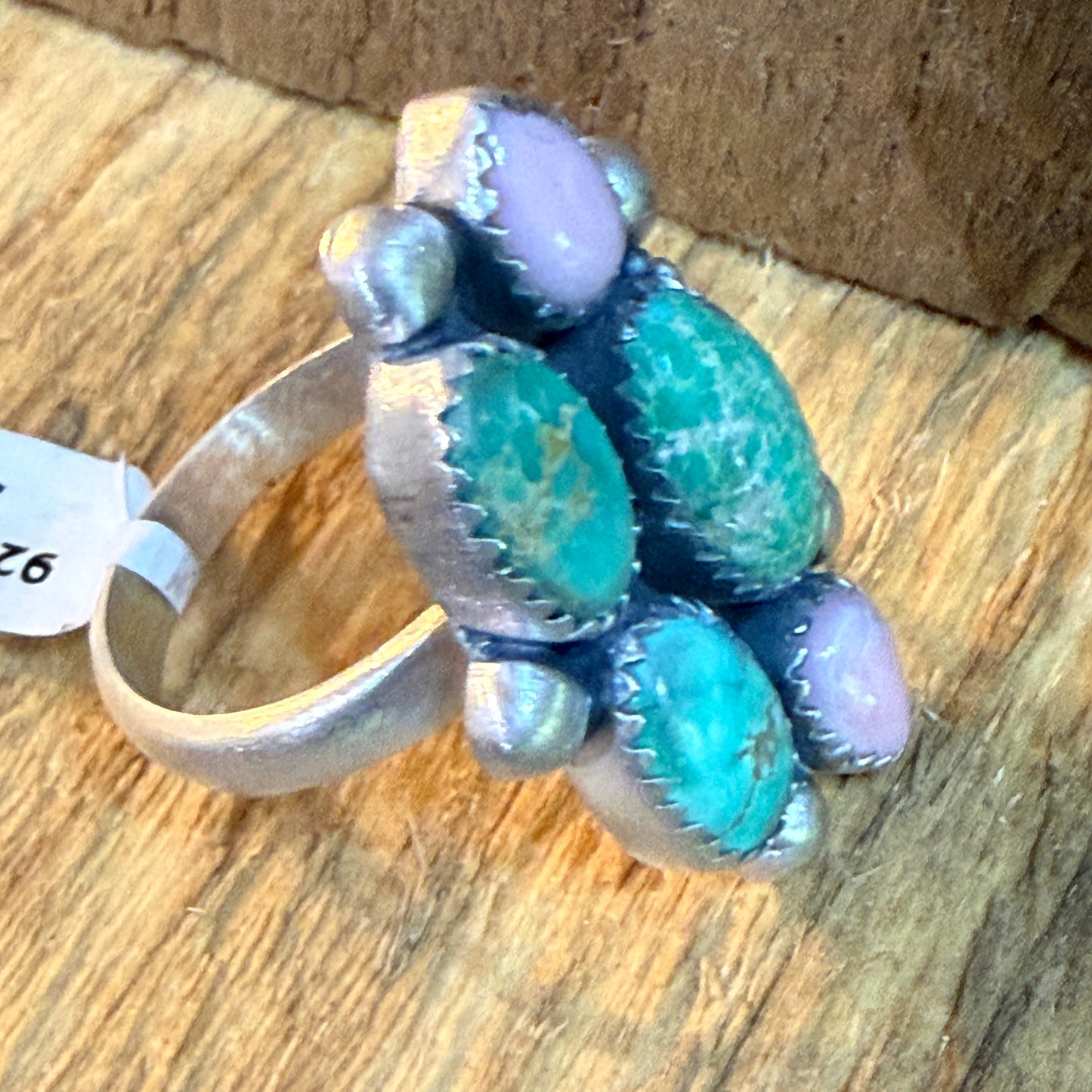 Pink Conch And Emerald Valley Five Gemstone Cluster Ring Sterling Silver Wild West Boho
