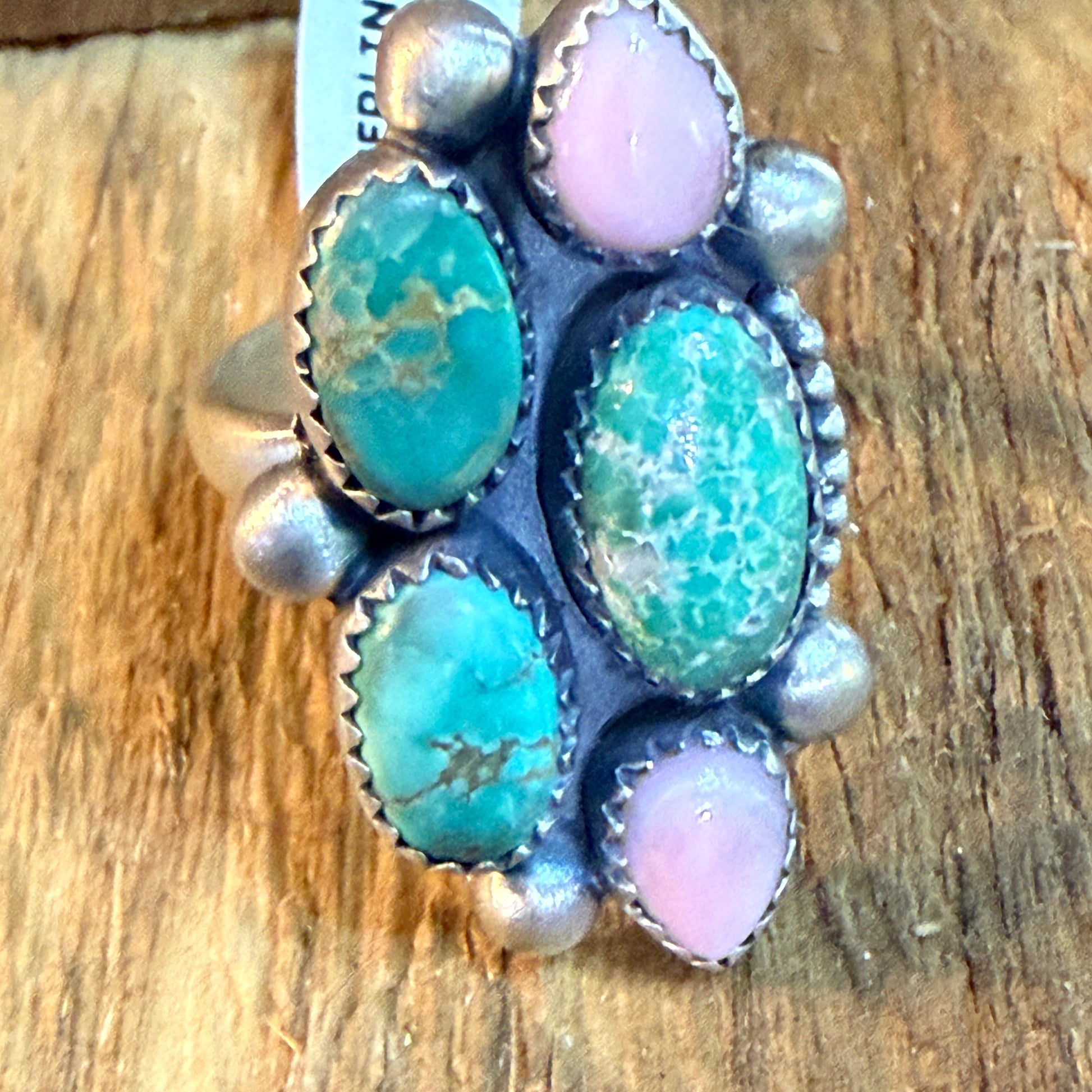 Pink Conch And Emerald Valley Five Gemstone Cluster Ring Sterling Silver Wild West Boho